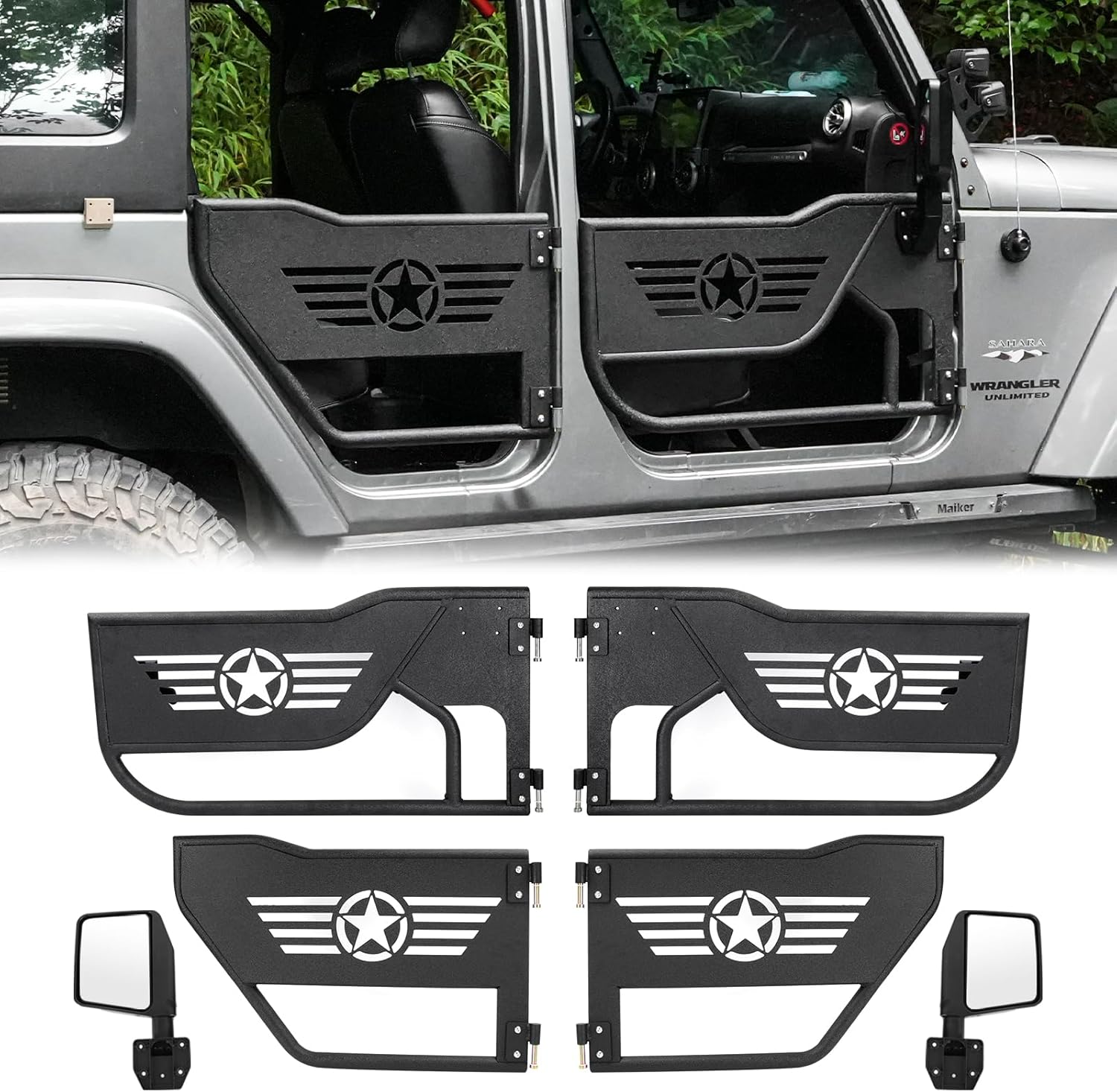 Steel Tubular Door with Side View Mirror Compatible with 2007-2018 Jeep Wrangler JK 4-Door, Five Star Logo