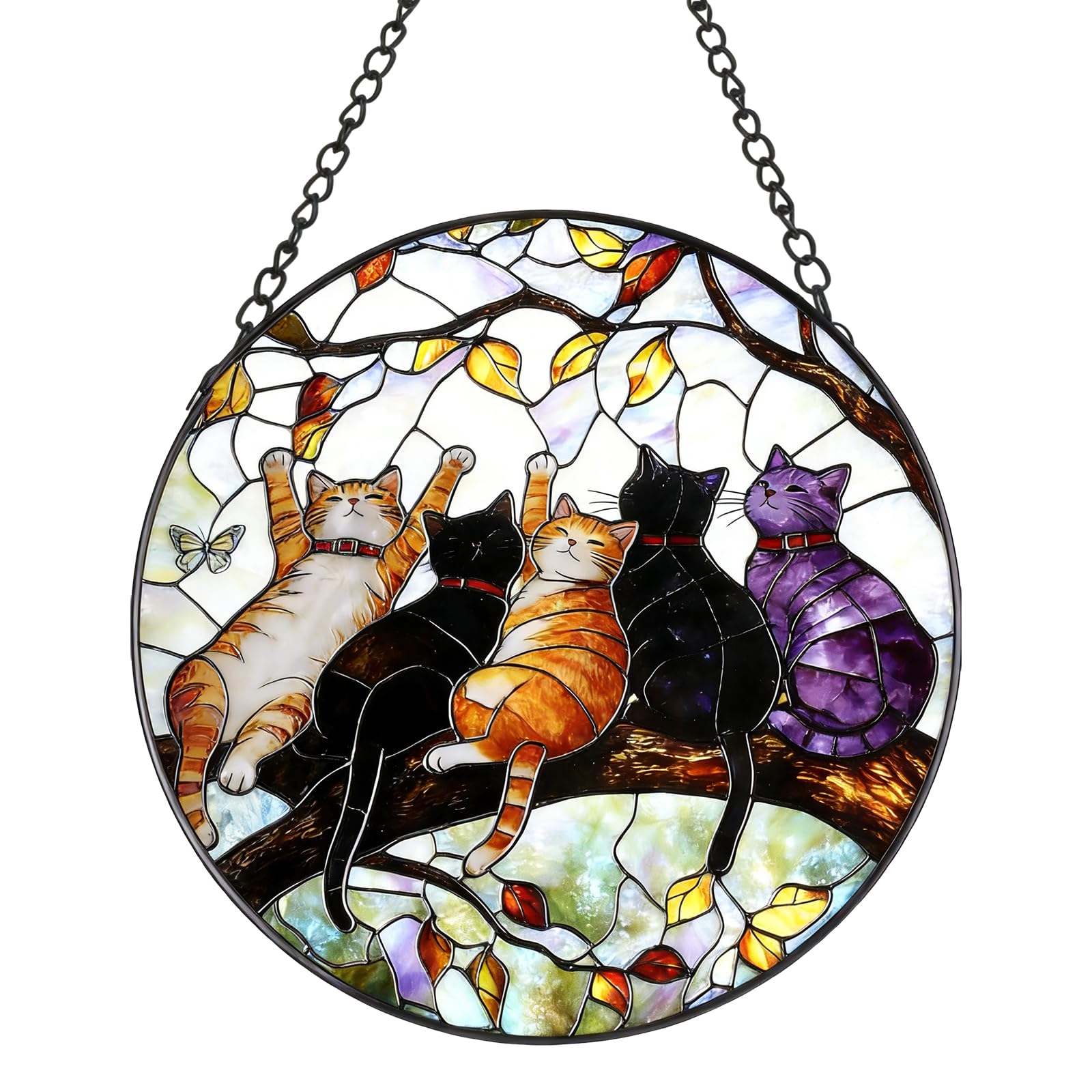 Stained Acrylic Puzzle Suncatcher,7.48in Five Happy‑Kittens‑on‑Branch Window Home Xmas Gift