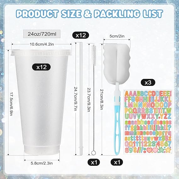 12 Pack 710ml Reusable Plastic Cups with Lid Straws Letter Stickers Brushes
