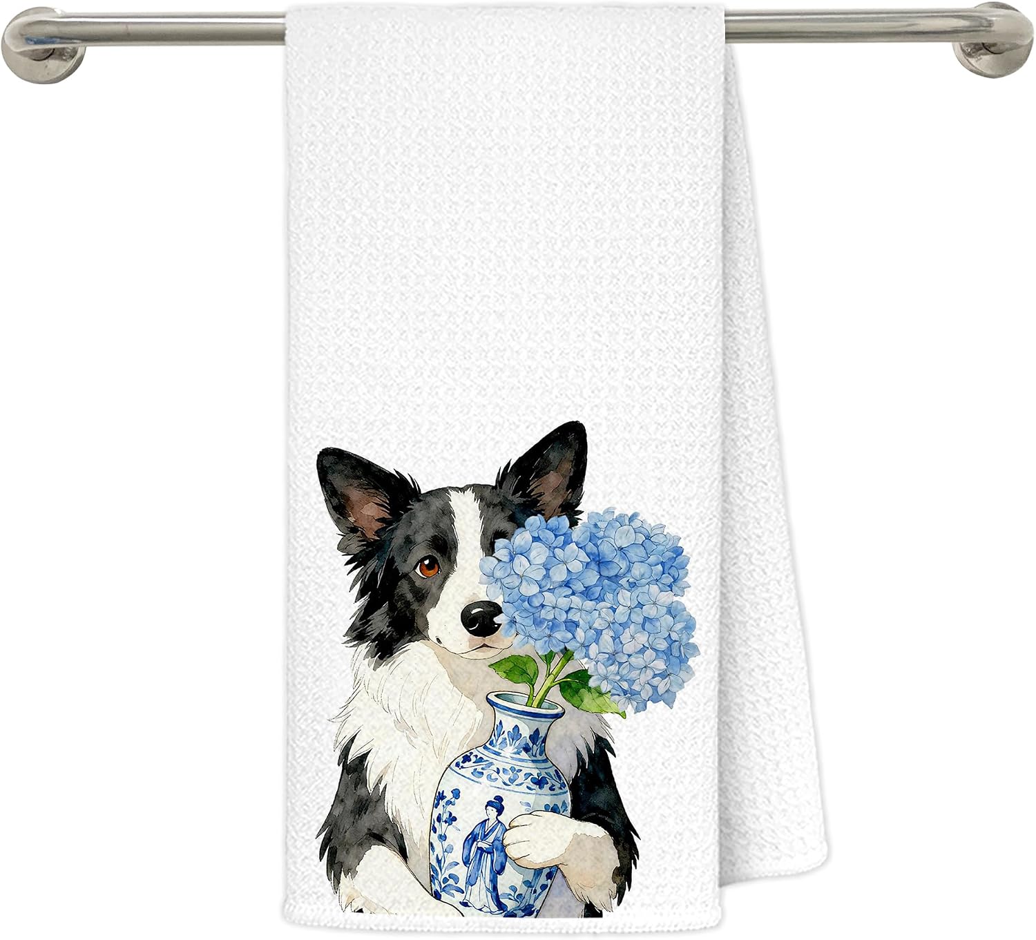 Blue Hydrangea Border Collie Kitchen Towels, Border Collie Gifts Decorative Hand Tea Towels for Bathroom, Chinoiserie Porcelain Floral Dog Dish Towel Drying Cloth, 16x24 Inches