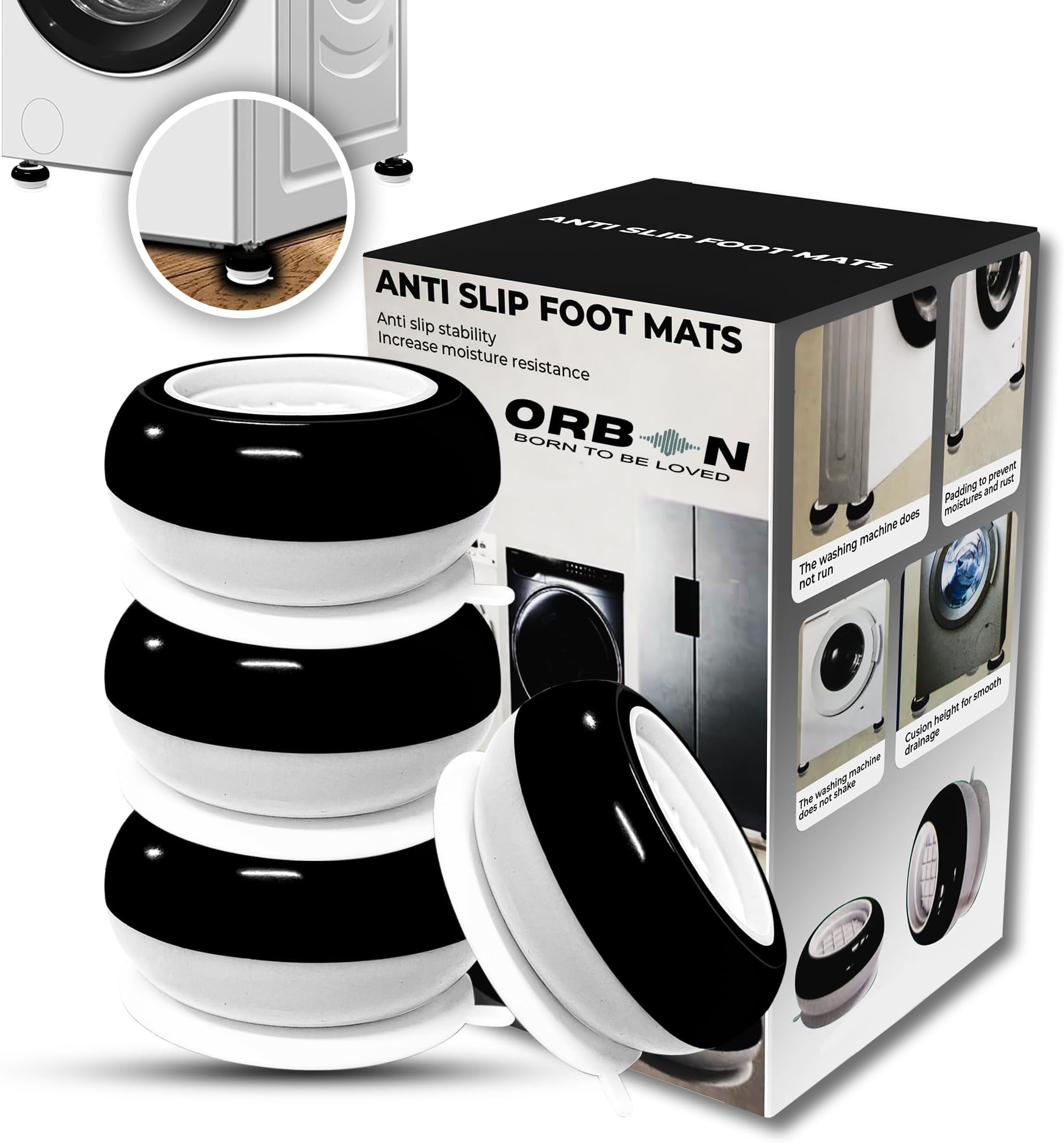 ORBON Anti Vibration Pads for Washing Machine | Vibration Stopper Foot Pad 4 PC Set | Legs Gripper for Washers & Dryers | Shock Absorber Anti-Slip Support for Stability & Noise Control | Black & White