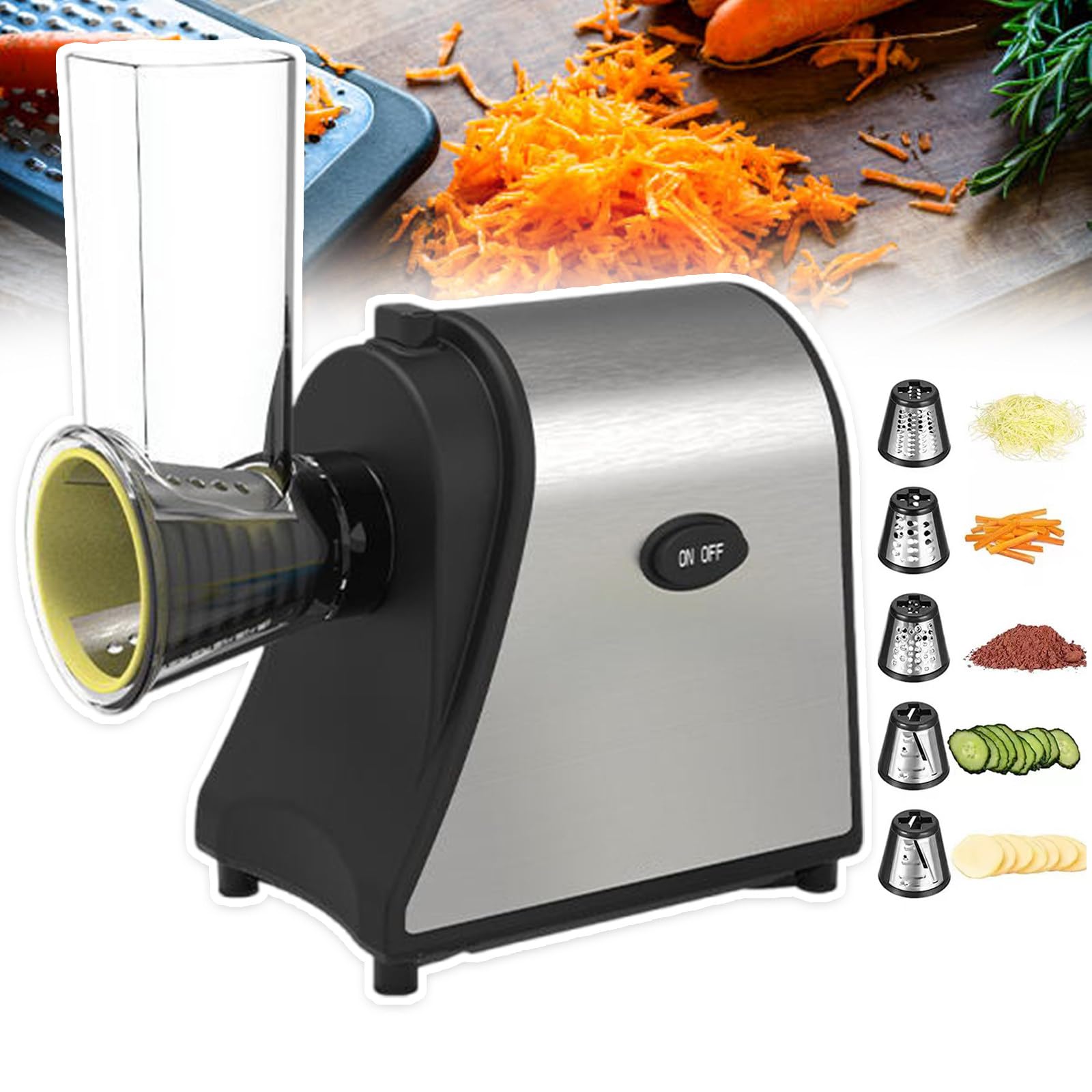 Rallador Eléctrico De Verduras, Material De Acero Inoxidable, Fácil De Limpiar, con 5 Cuchillas, Rallador De Queso Eléctrico, para Verduras, Zanahorias, Patatas, 250 W