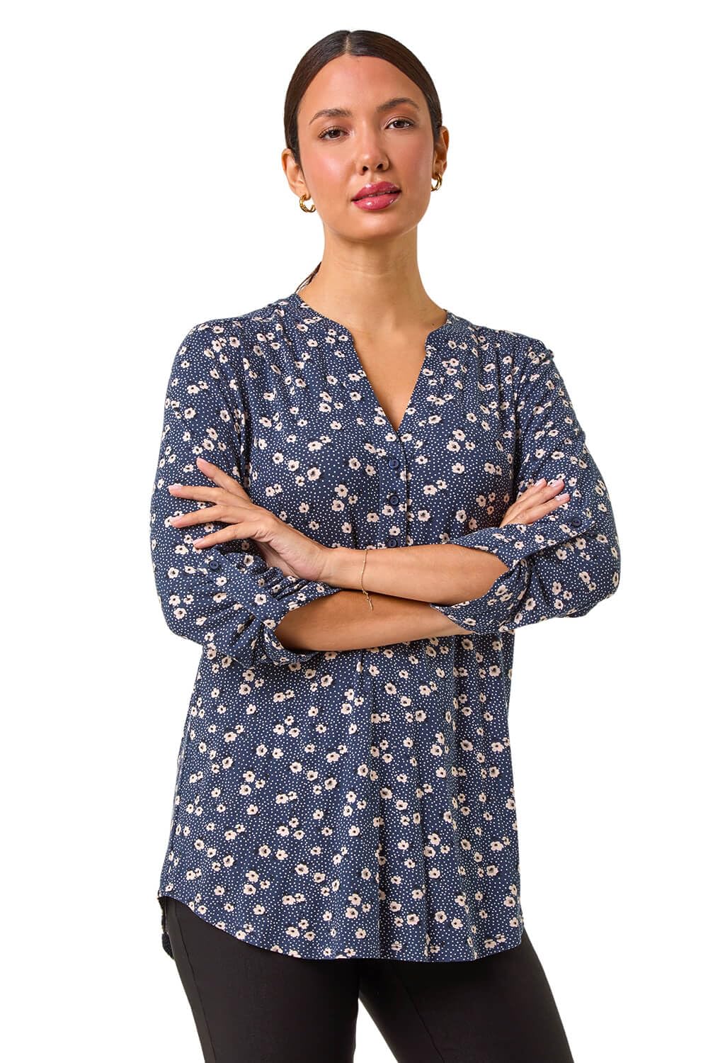 Roman Women's Blue Stretch Ditsy Floral Buttoned Top In | Size: 10
