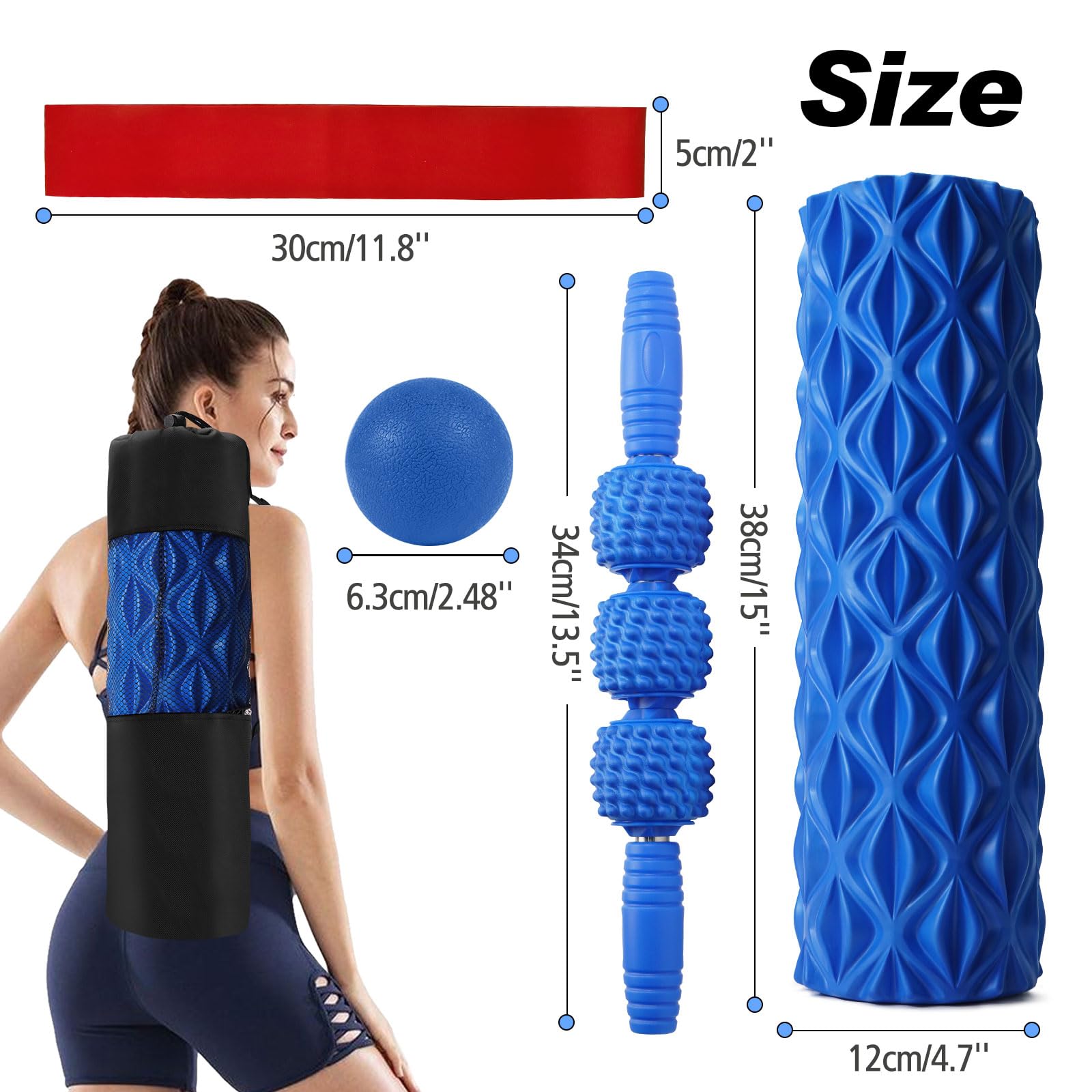 Joyenergy Juego de rodillos de espuma 5 en 1 para masaje de tejidos profundos, alivio del dolor muscular, movilidad mejorada, rodillo de espalda de alta densidad para todo el cuerpo, alivia el dolor