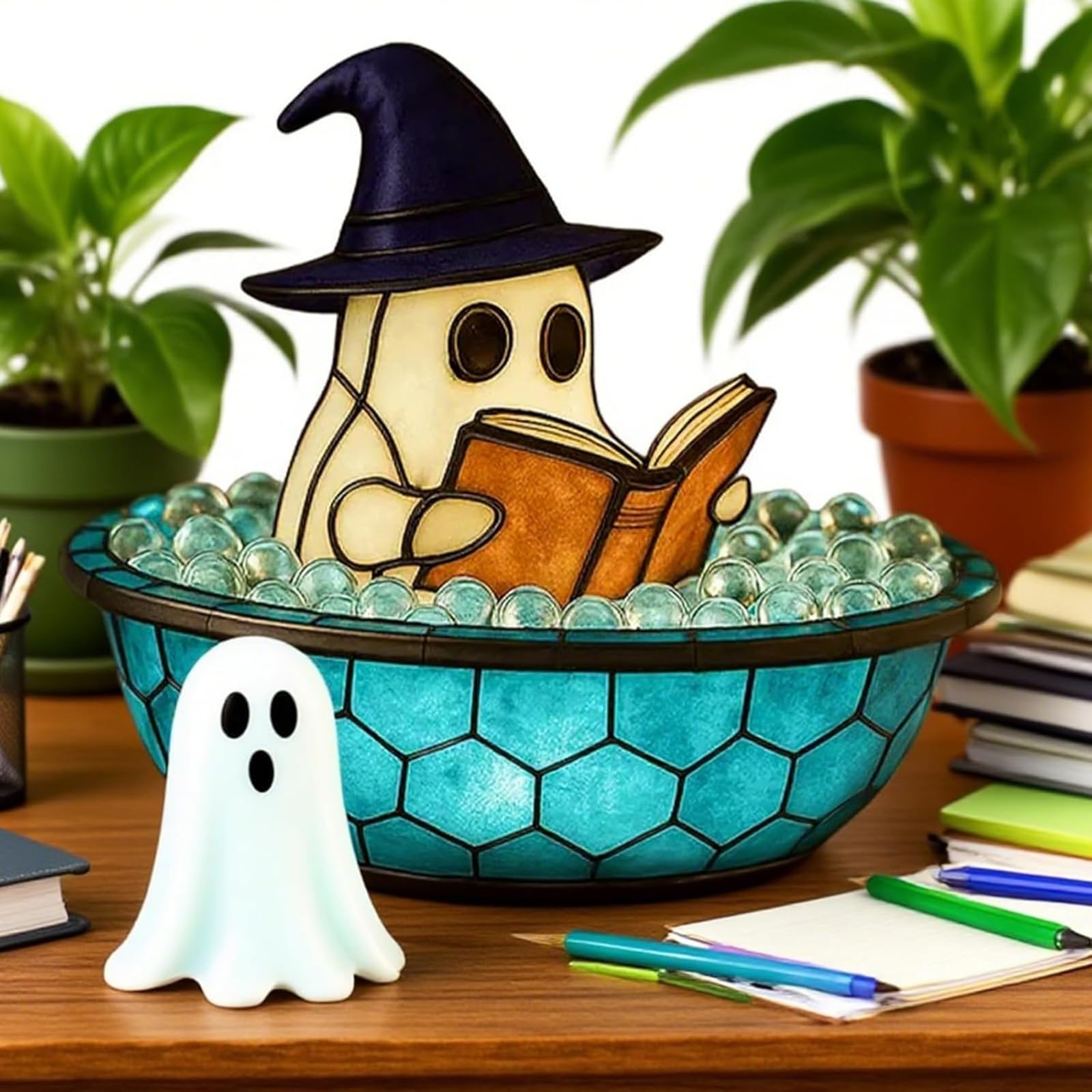 Dekoracja halloweenowa lampa do kąpieli z duchem - zmieniające kolor nastrojowe światło do dekoracji stołu wewnętrznego, półki, kominka -