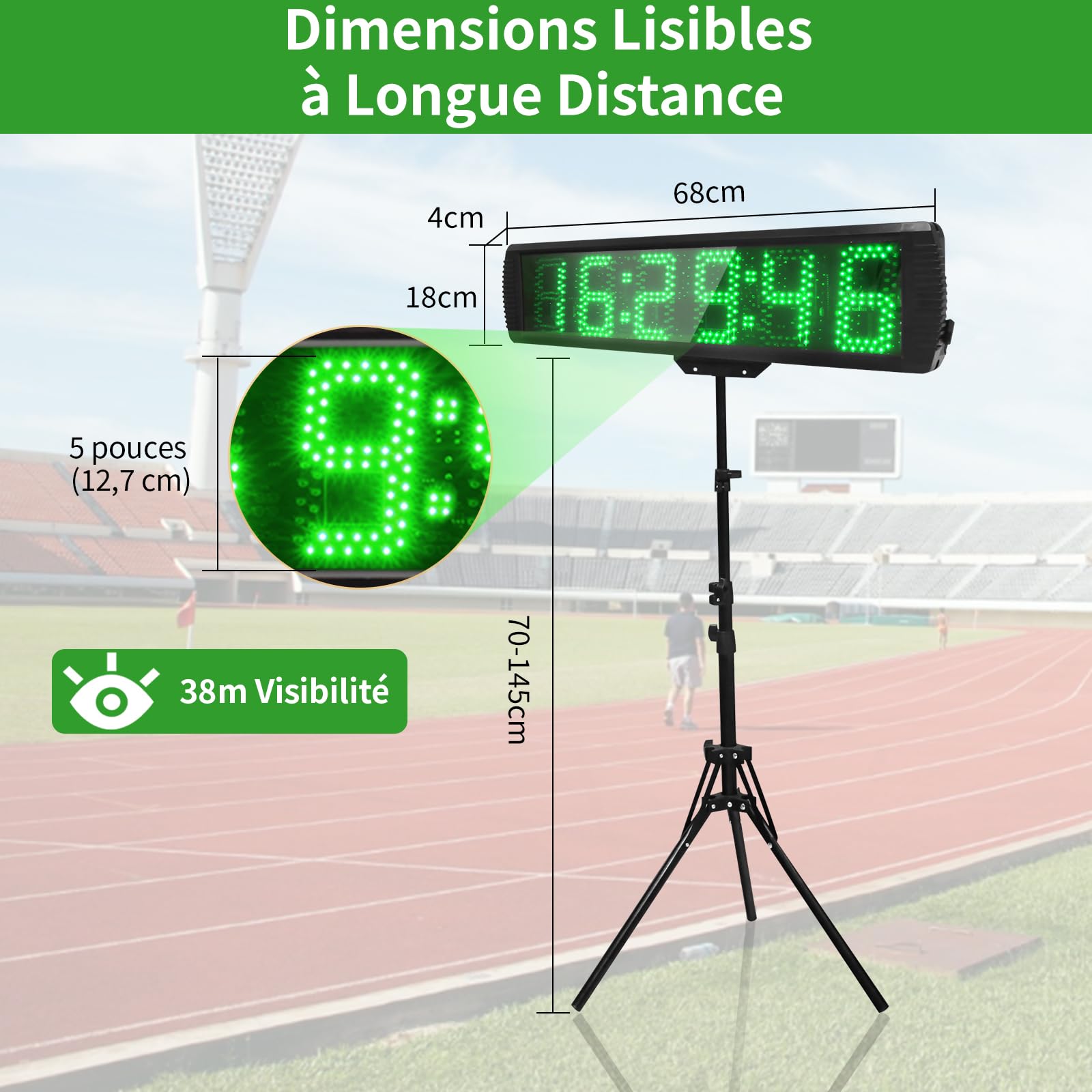 Compte à Rebours, Chronomètre avec Télécommande, Horloge Murale Numerique 5'' Chiffre LED, Luminosité Réglable Chronomètre Sport avec Trépied, Timer Minuteur Fitness pour Marathon Home Gym