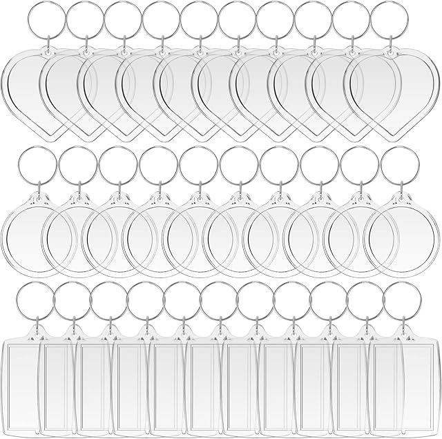 Pinsheng Photo Keyring, 30 pieces Acrylic Clear Blank Photo Keyrings, Double Sided Blank Picture Insert Keychain with Split Ring as Gifts & Crafts for Family, Friends (3 Styles)
