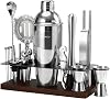 Cocktail Shaker Set Bartender Kit with Stand | 23-Piece Bar Set Drink Mixer Set with All Essential Bar Tools: Martini Shaker, Jigger, Strainer, Spoon, Pourers, for Home, Bar, Party (Chocolate-F)