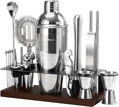 Cocktail Shaker Set Bartender Kit with Stand | 23-Piece Bar Set Drink Mixer Set with All Essential Bar Tools: Martini Shaker, Jigger, Strainer, Spoon, Pourers, for Home, Bar, Party (Chocolate-F)