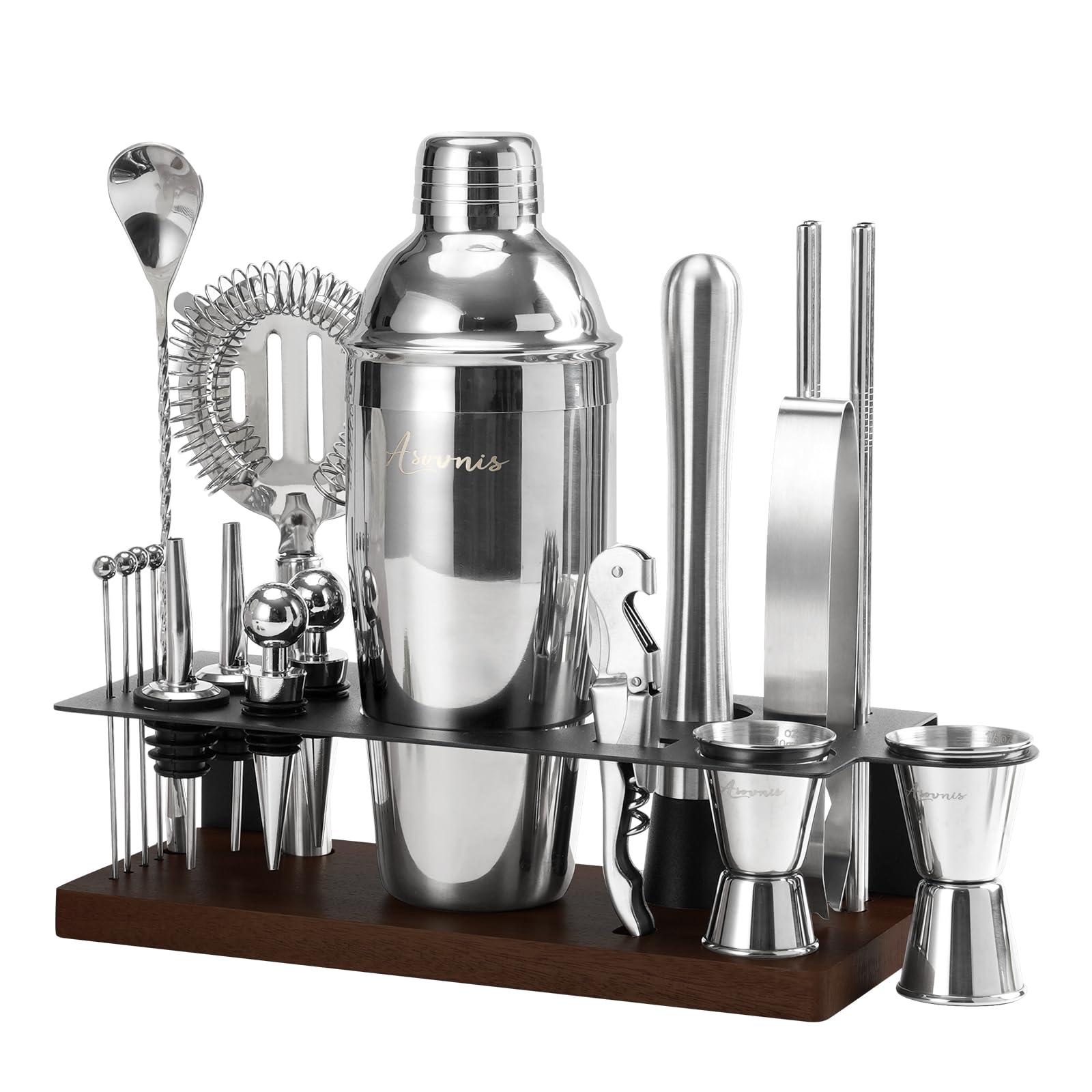 Kit shaker à cocktails avec support | Ensemble de 23 pièces pour barman avec tous les accessoires essentiels : shaker à martini, doseur, pour la maison, le bar et les fêtes (chocolate-F)