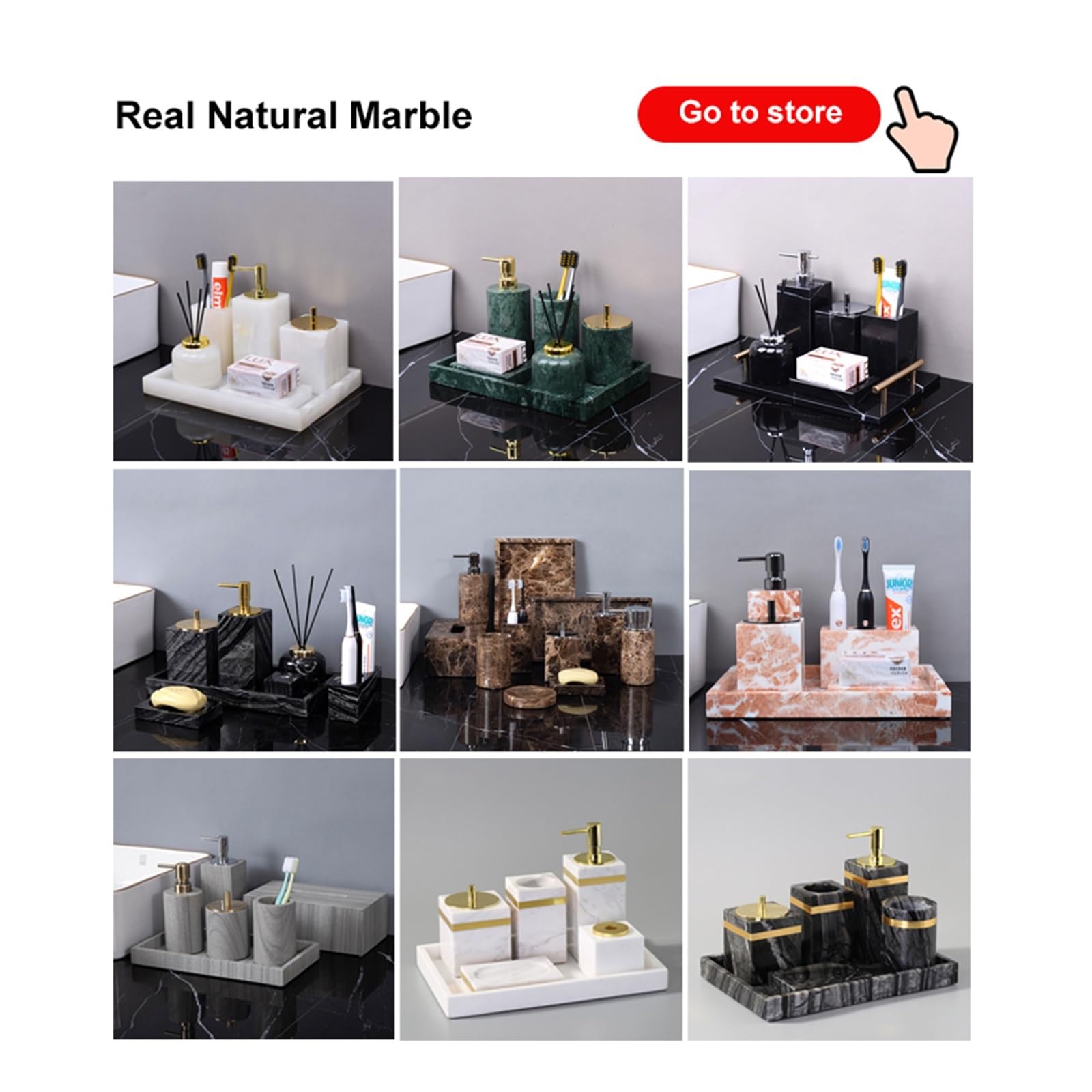 Set de Accesorios de Baño Juego de mármol natural oscuro for baño, soporte de piedra de lujo for cepillos de dientes, taza for dientes, dispensador de jabón, juegos de accesorios for baño(Soap dispens