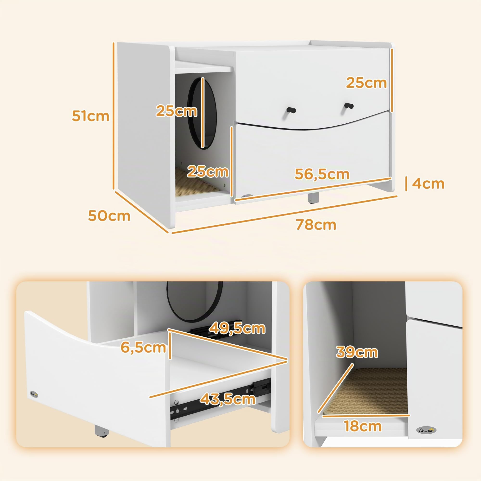PawHut Casa da Letticcia Mobile per Gatto, Scomparto Scorrevole, 2 Fori di Ventilazione, Tappetino per Perdite di Sabbia, Bianco