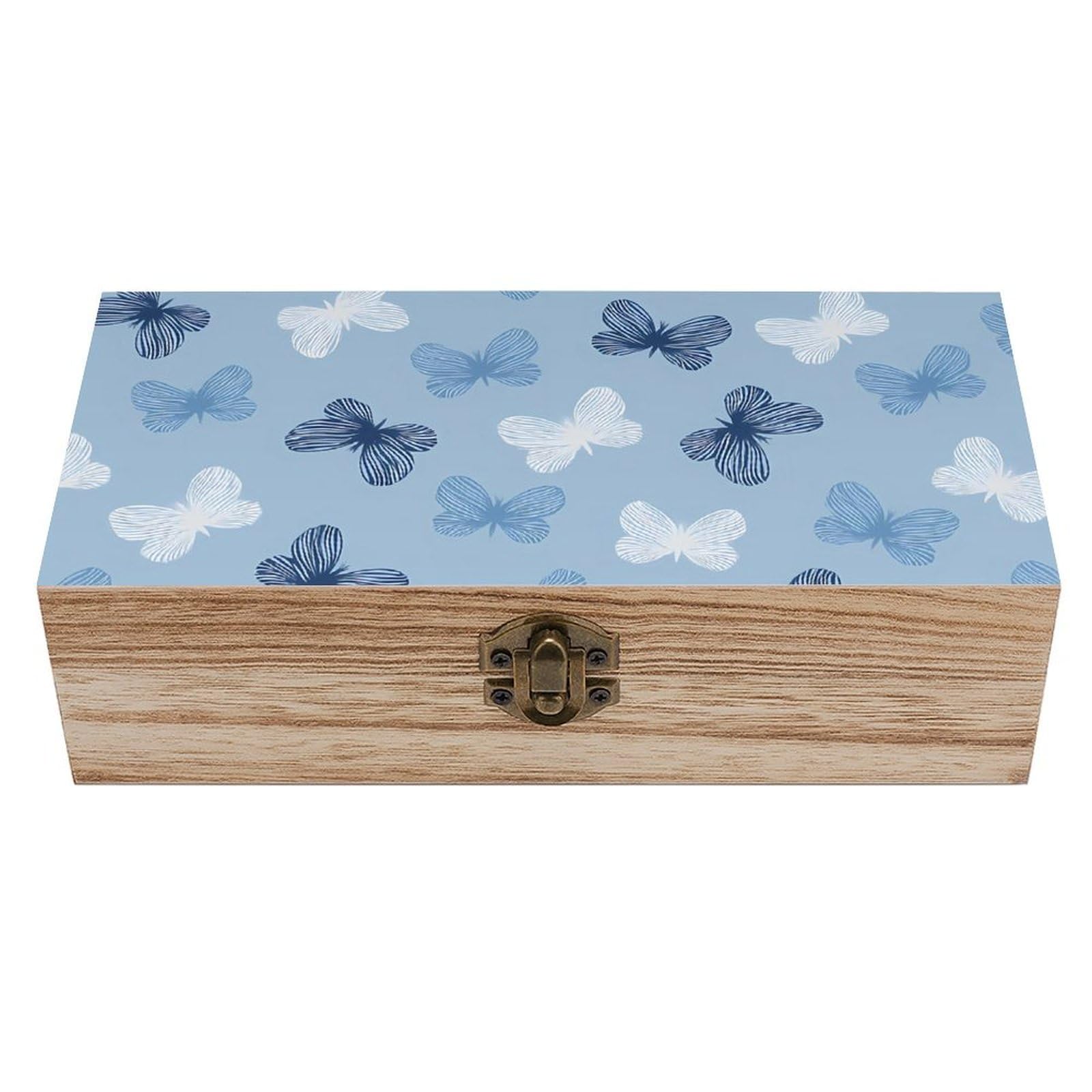 HLBSDM Blue White Butterflies Retro Wooden Storage Box Jewelry Art Gift Boxs Decorative Keepsake Boxes