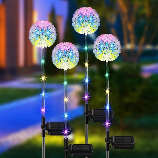 BUCASA Solar Lights Outdoor Garden, 4 Pack Dandelion Solar Garden Lights with 16 Colourful LEDs, Waterproof Solar Flower Lights for Lawn Yard Garden Ornaments Outdoor Christmas Decorations