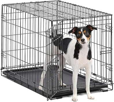 Single Door Folding Crate for Medium Dogs Portable Folding Pet Cage Extra-Strong Double Door Folding Metal Dog Crate W/Divider Panel Leak-Proof Plastic Pan Black 5 Size 60x43x50cm