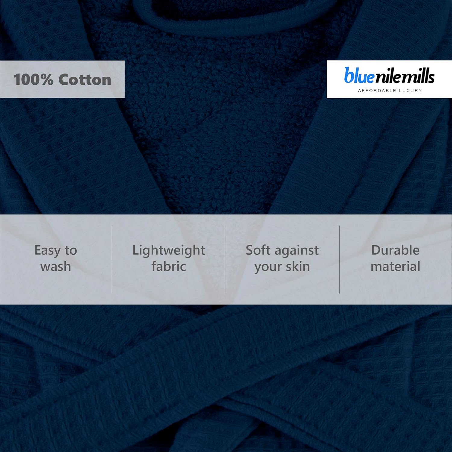 BLUENILEMILLS Hotel & Spa Navy Blue Robe, Delicate Waffle Weave, 100% Cotton, Unisex Bathrobe for Women and Men, Small Size