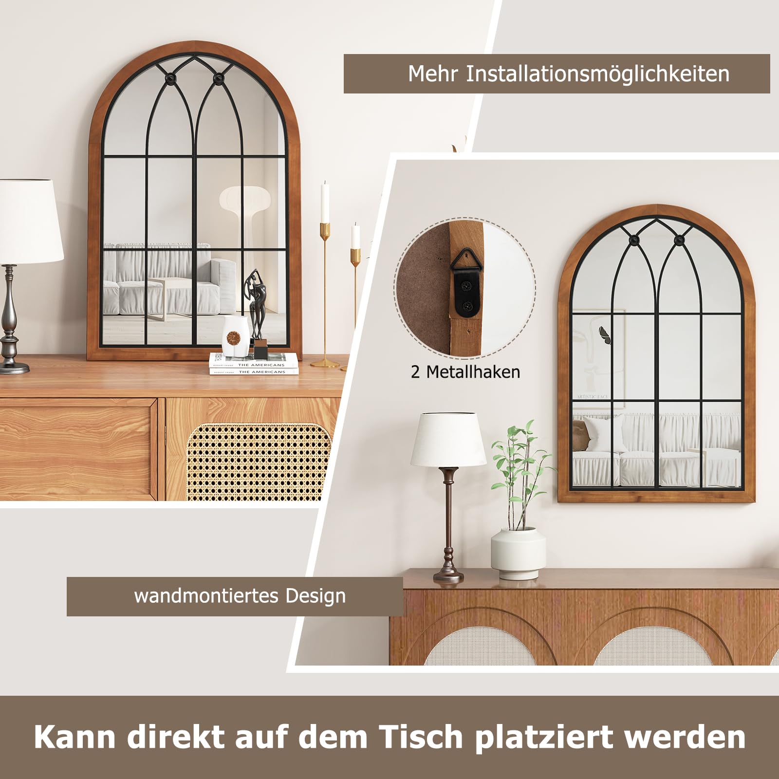 GOPLUS Lustro ścienne o wyglądzie okna, 90 x 60 cm, sklepione lustro wiszące z metalową ramą i hakami do zawieszania, lustro okienne do salonu, łazienki i korytarza, naturalne
