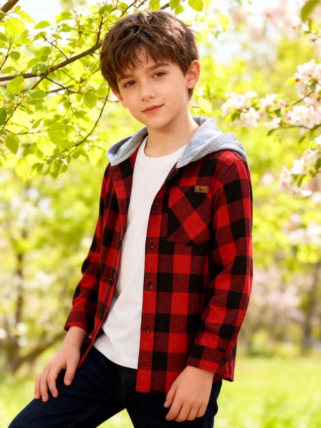 3-Pack Boys Long Sleeve Button-up Shirt with Hood Unisex Kids Flannel Fall Shirts Cotton Plaid Hoodie for 6-15 Years - Image 2