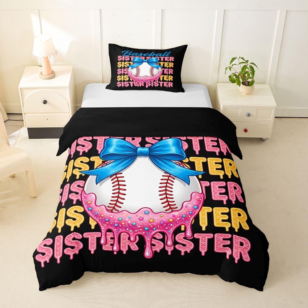 jejeloiu Baseball Duvet Cover Toddler Size Bowknot Comforter Cover for Boys Girls Ice Cream Drip Bedding Set 2Pcs Gaming Sports Room Decor Ball Game
