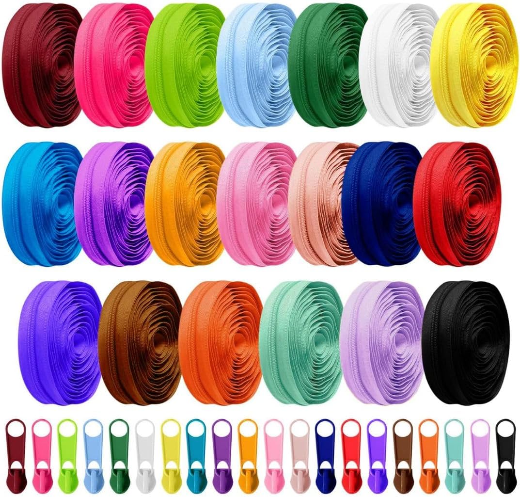 KGS Zippers by The Yard | 60 Yards Nylon Coil Zipper Roll with 200 Matching Pulls | #5 (5mm) Continuous Zipper Tape for Bags, Dresses, Cushions & DIY Crafts (20 Assorted Colors)