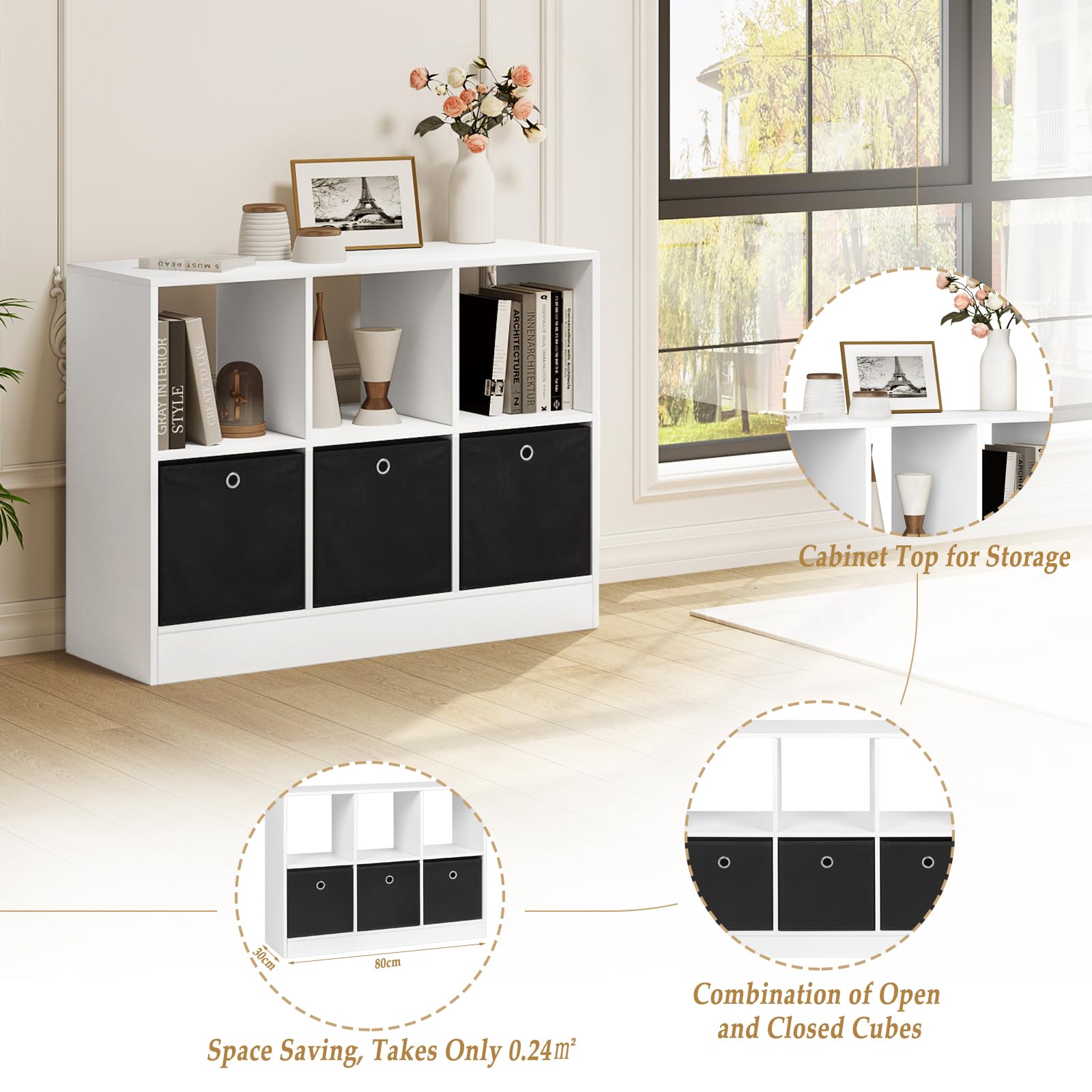 WOLTU Bibliothèque Étagère, Meuble Cube | avec 6 Casiers et 3 Tiroirs en Tissu, Organisation pour Salon, Bureau, 30 x 80 x 60 cm, Blanc