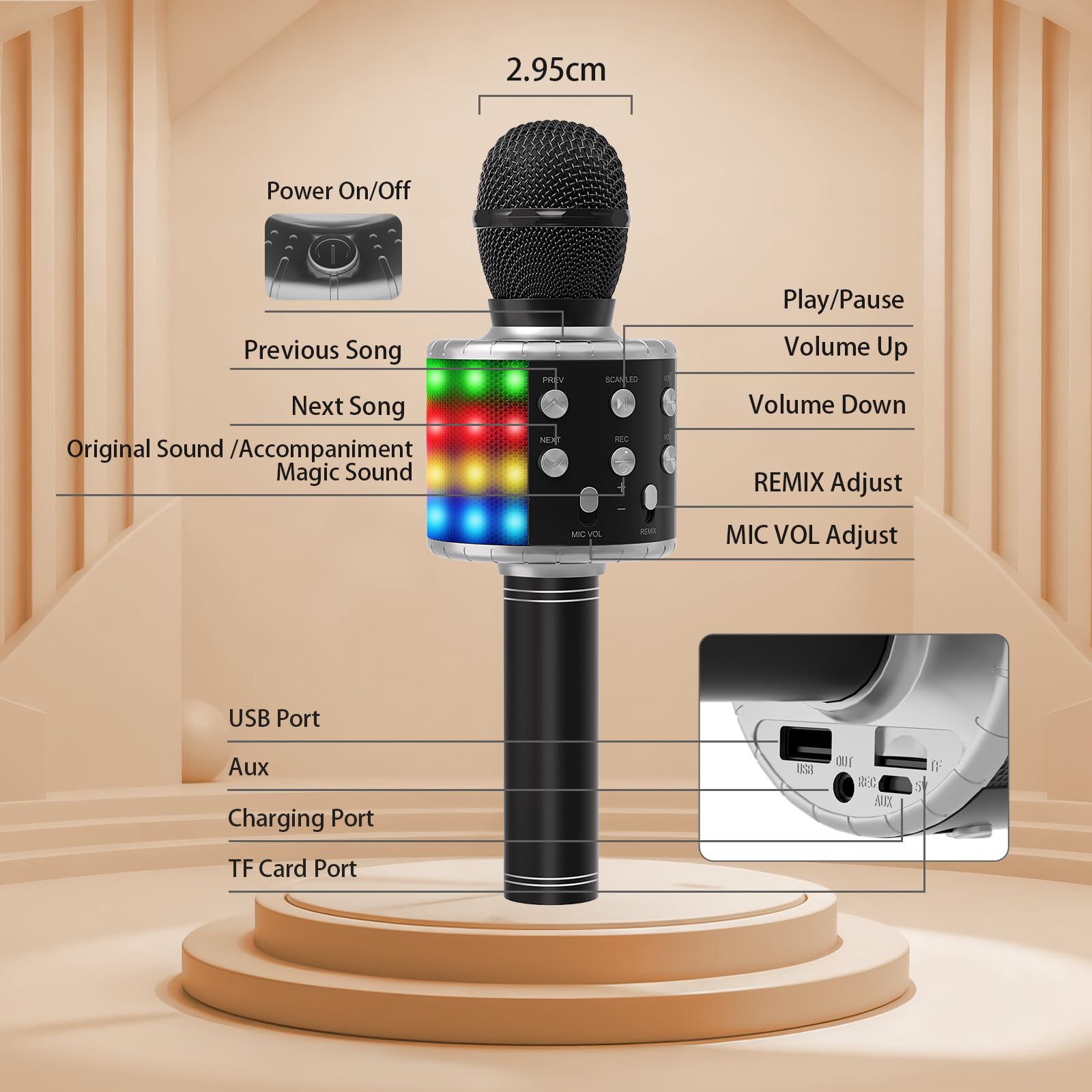 Mikrofon Karaoke Bluetooth Bezprzewodowy dla Dzieci, Przenośny z LED, Kompatybilny z Android/iOS