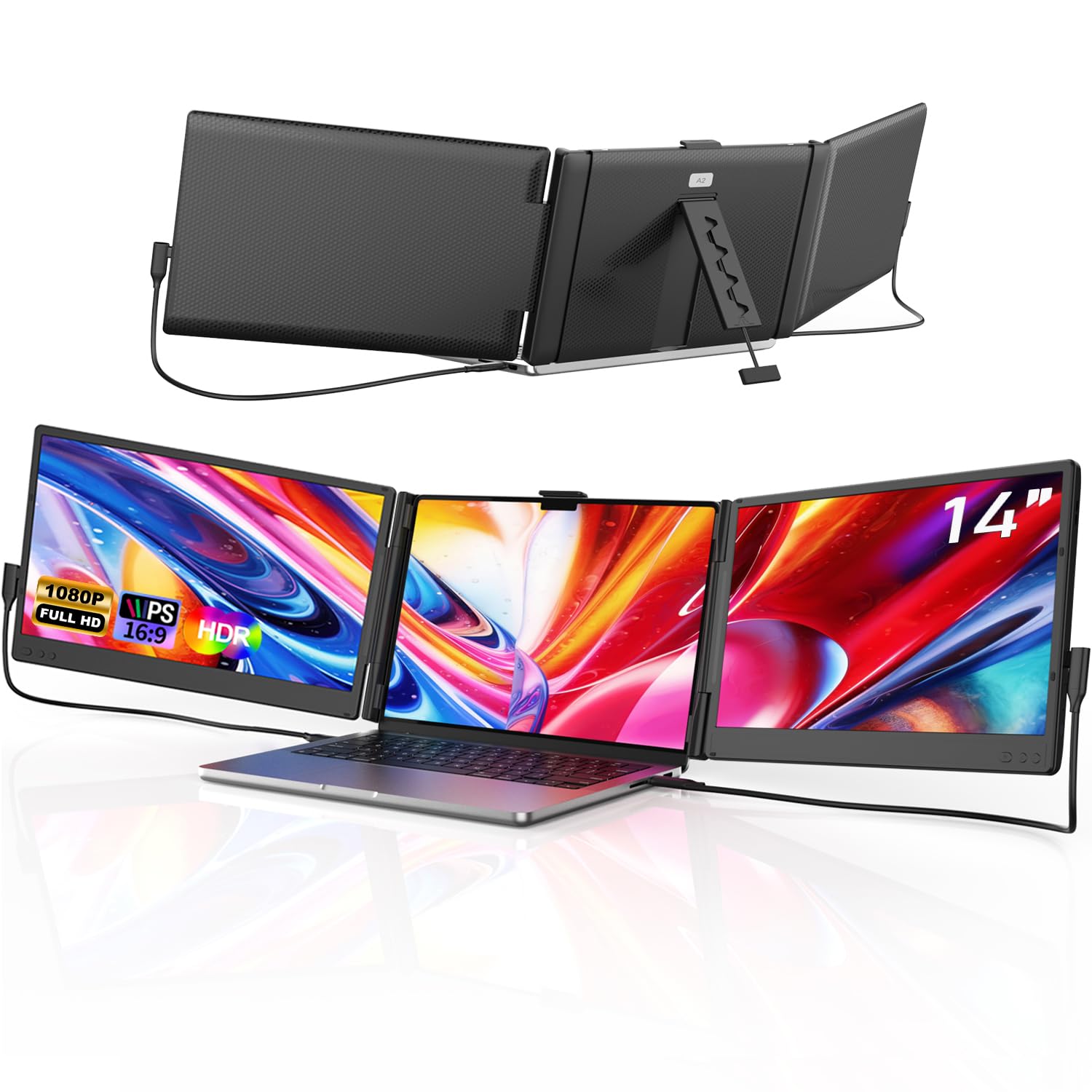 Laptop Screen Extender, 14'' FHD 1080P IPS Portable Monitor for Laptop, Triple Screen Extender Monitor Plug-Play for Mac/Windows/Chrome, Fit 13”-17.3” Laptops