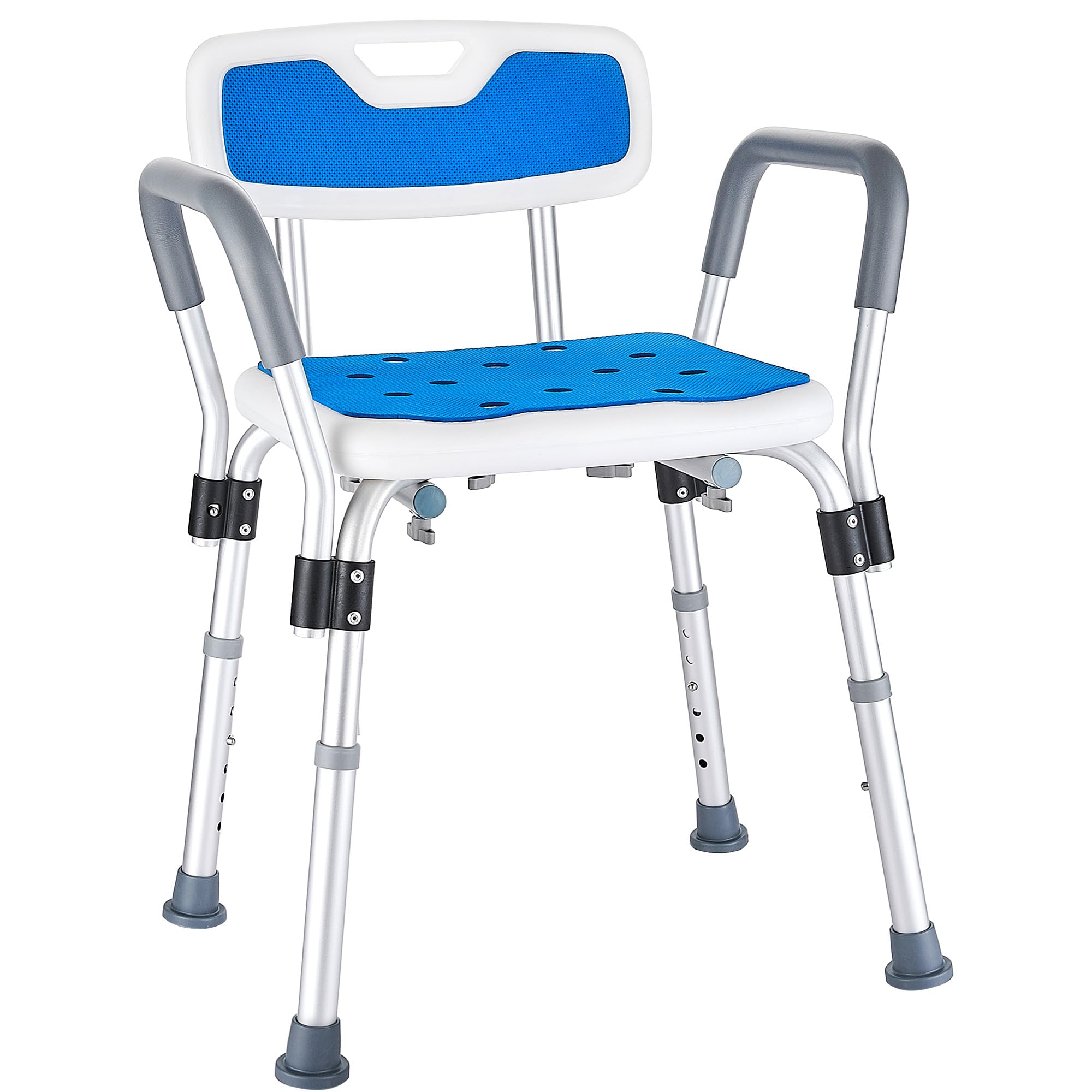 Sedia per Doccia per Anziani e Disabili, Sgabello Doccia con Braccioli e Schienale Rimovibile, Sedile per Vasca da Bagno Antiscivolo Regolabile in Altezza, portata fino a 150 Kg, Blu