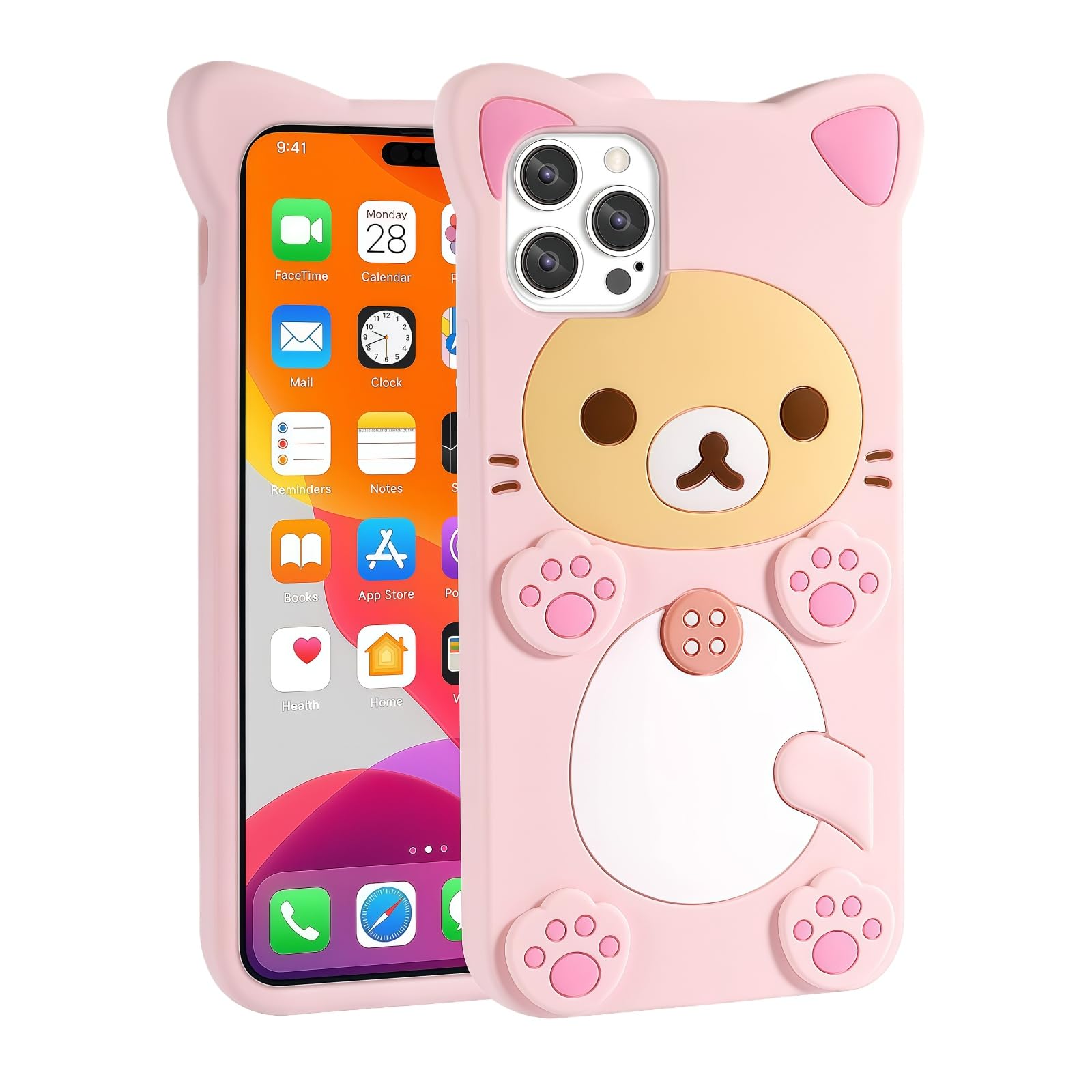 Bonita funda de teléfono Kawaii 3D compatible con iPhone 11 Pro de 5.8 pulgadas, diseño de oso rosa de dibujos animados, funda protectora de silicona suave de TPU para niñas, mujeres y niños, rosa