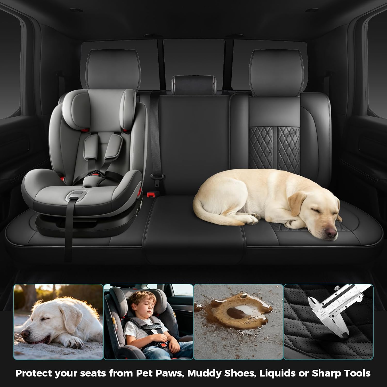 Car Seat Covers for Dodge Ram 1500/2500/3500 Crew Regular Quad Cab 2019-2026, 4-Layer Waterproof Leather, Truck/Pickup Seat Covers Full Set, Black (Not for Curved Bench)