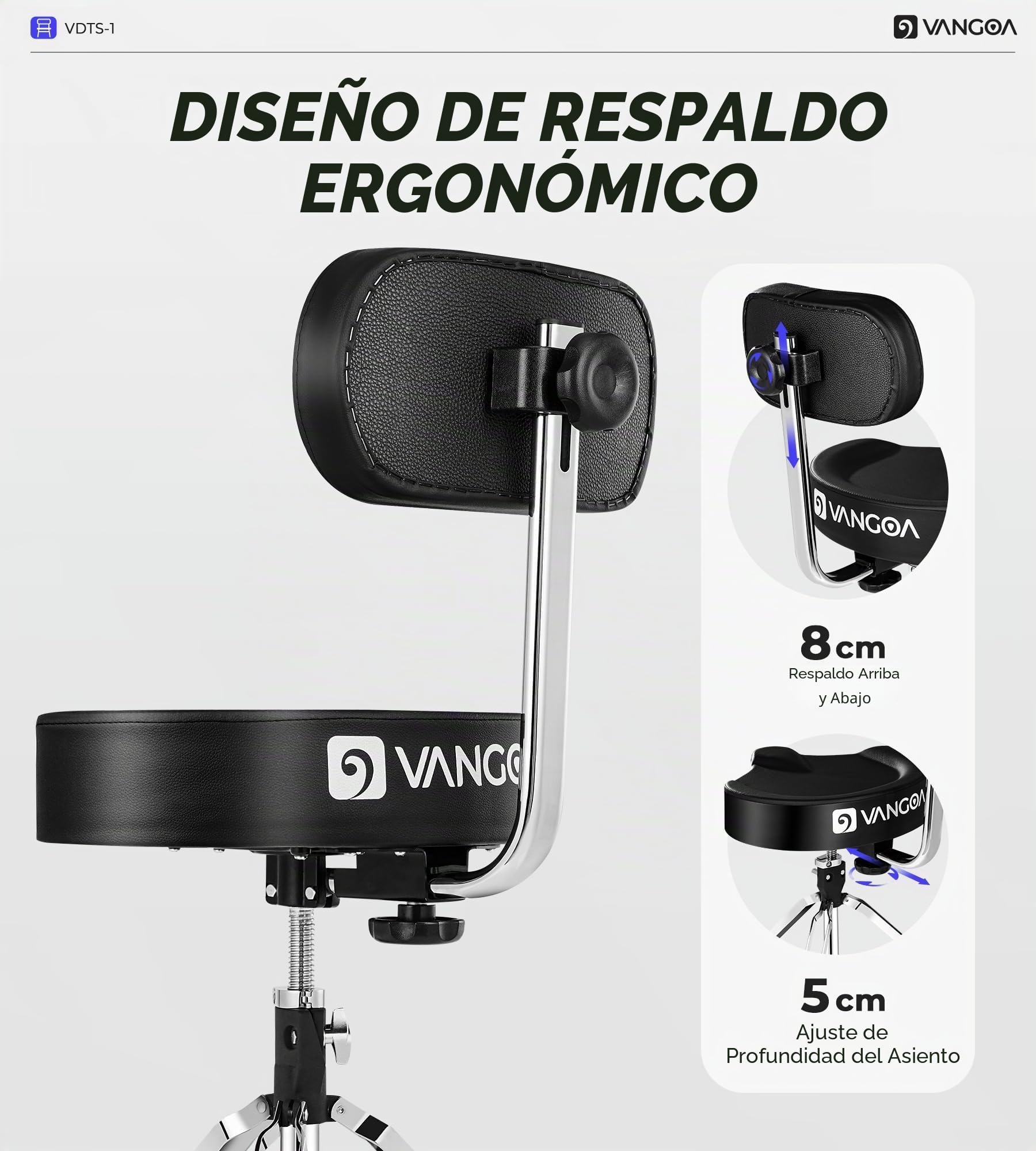 vangoa Trono de tambor con respaldo ajustable en altura resistente, estilo motocicleta, asiento de tambor, cómodo y giratorio, doble refuerzo para bateristas y adultos