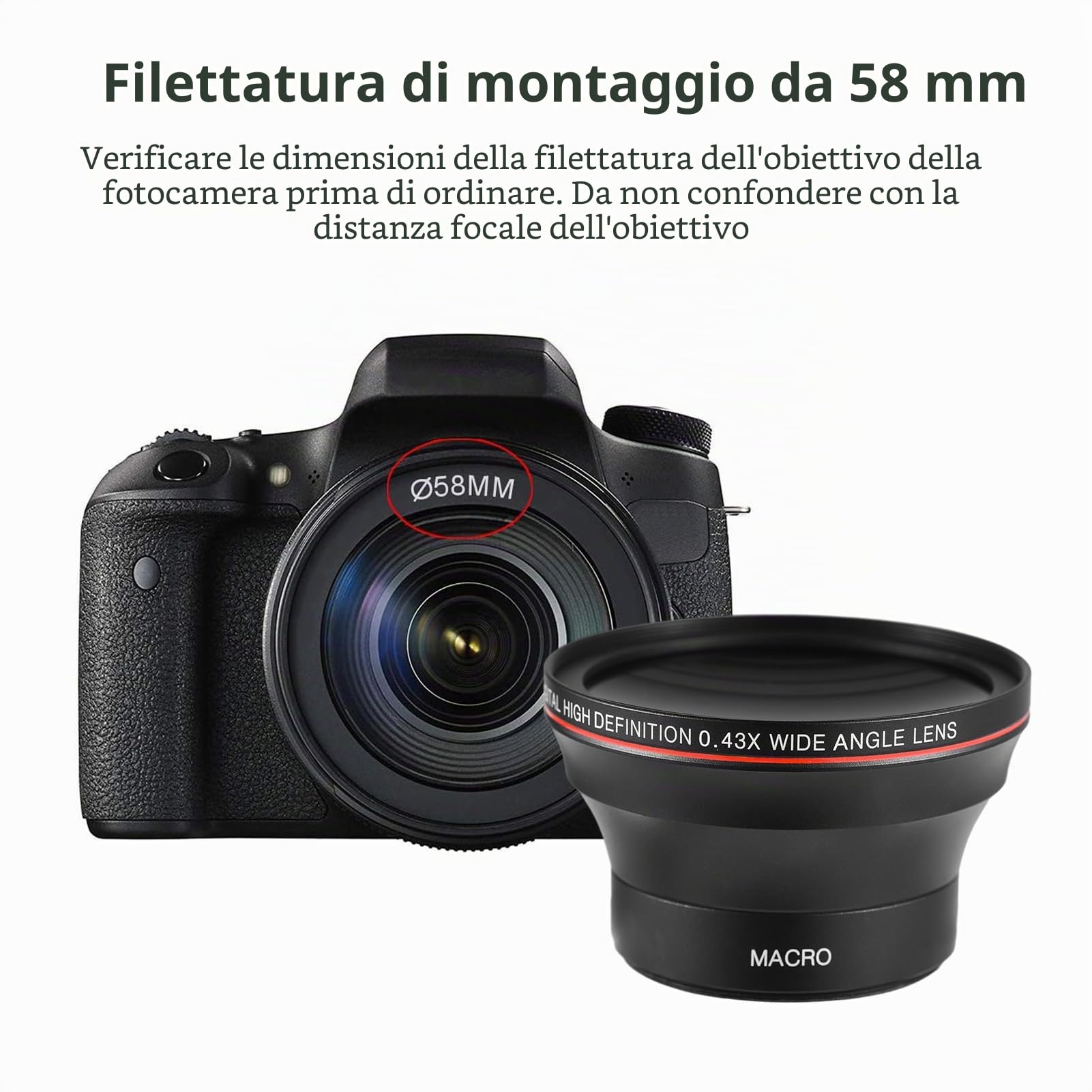 Andoer Kit Obiettivo Fotocamera 58mm con Obiettivo Grandangolare 0,43X Obiettivo Macro Sostituzione Obiettivo Fotocamera DSLR In Lega di Alluminio per Canon Canon Rebel