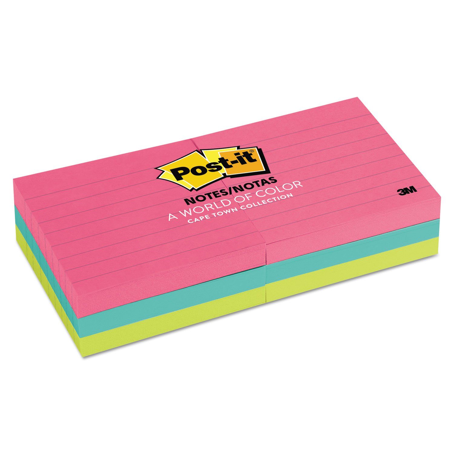 3M 6306AN Post-it Lined Note Pads, 3 x 3, Cape Town Colors, 6 Pads/Pack
