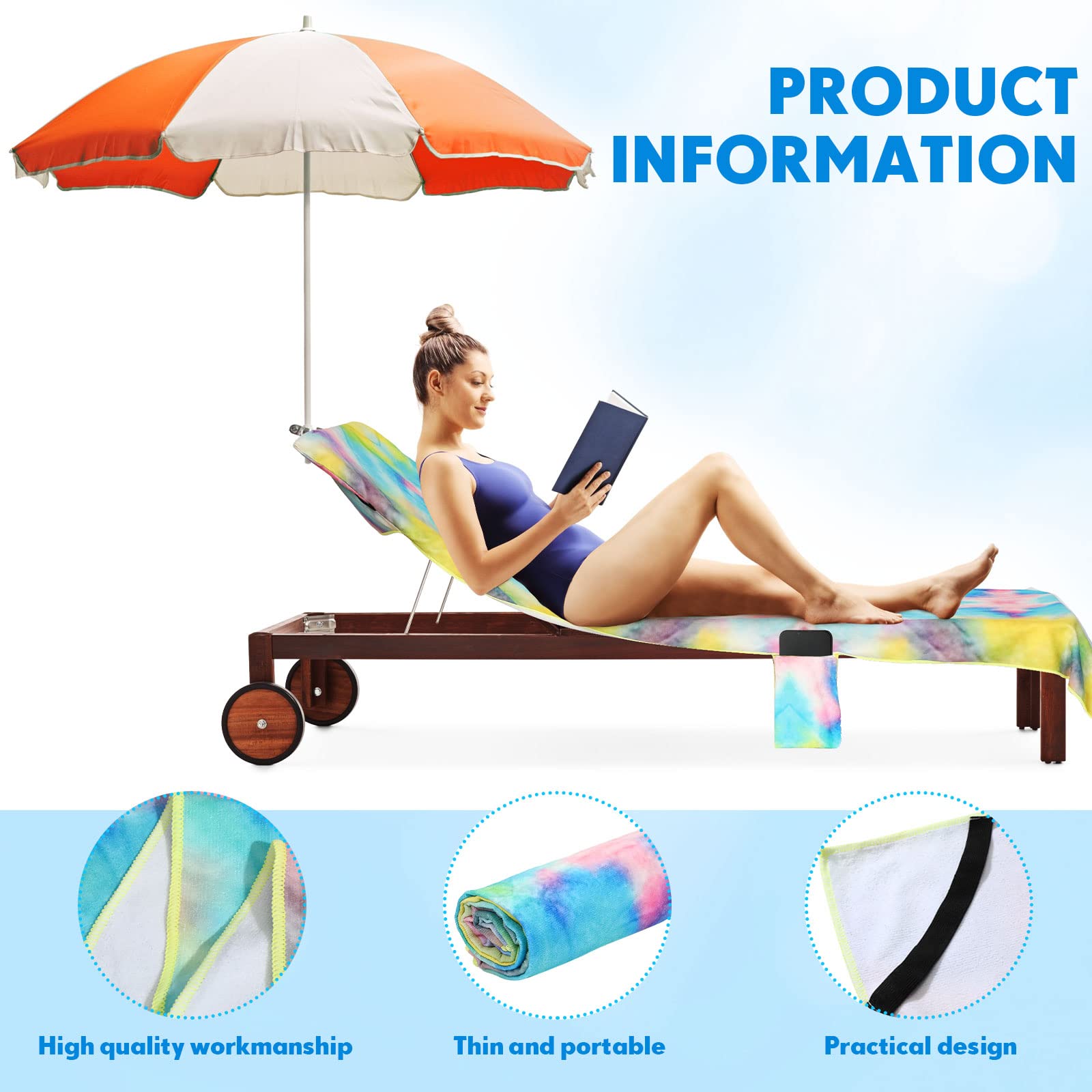 Juego de 4 toallas para silla de descanso, funda para silla de playa con bolsillos laterales de 82.3 x 29.5 pulgadas, toalla de microfibra teñida para piscina, tumbona, piscina, tomar el sol, 2