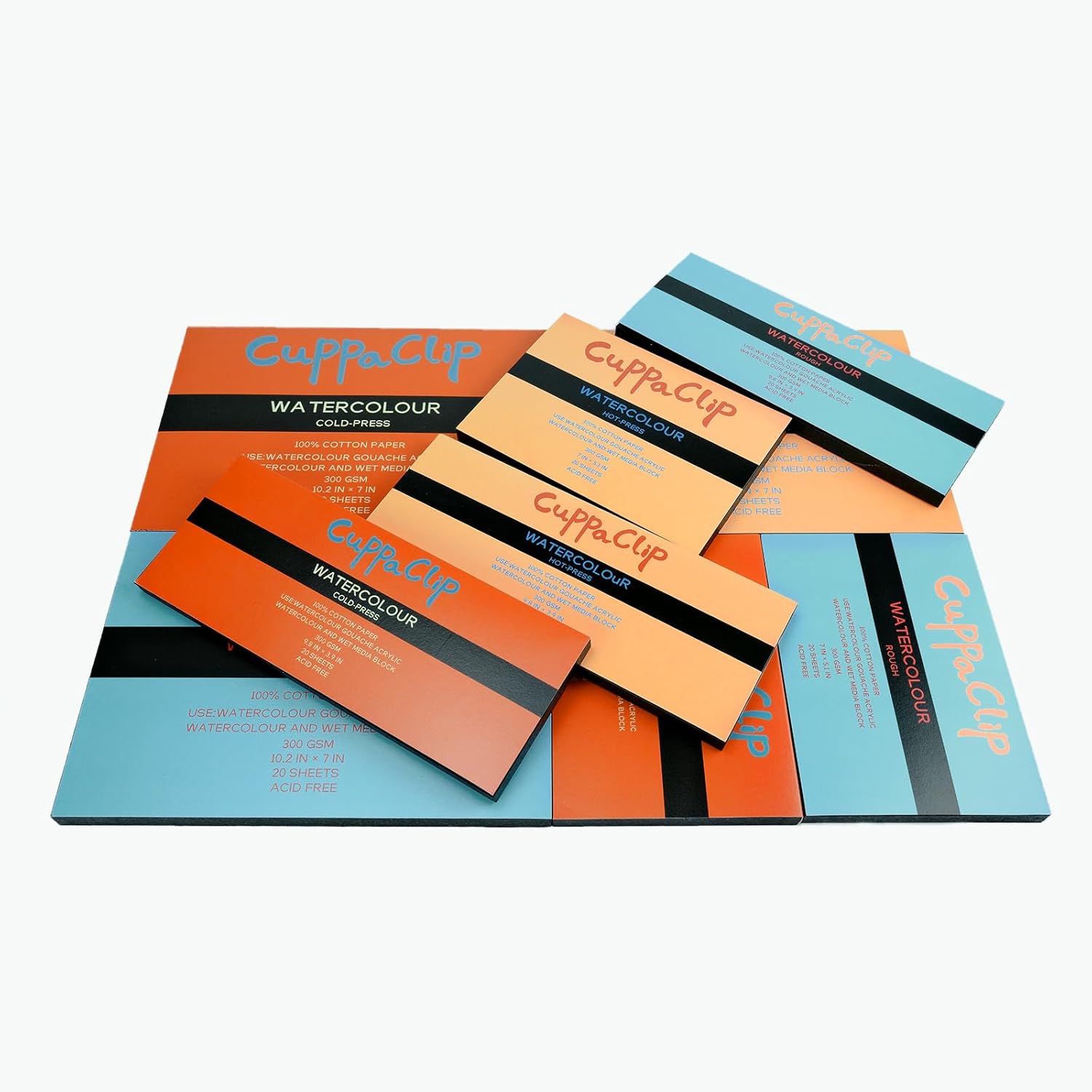 CuppaClip Watercolor Paper Block Pure Cotton Art Paper Pad 300GSM(140LB) Acid-Free 20 Sheets Watercolor Art Supplies (Hot Press, 20.9×15in)