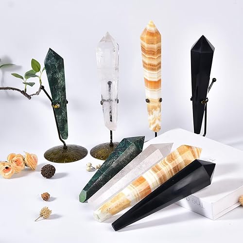 Miniatura 7 de Cetro de cristal blanco con punta de varita de cristal curativo largo, piedra decorativa, meditación Reiki con soporte de exhibición, decoración