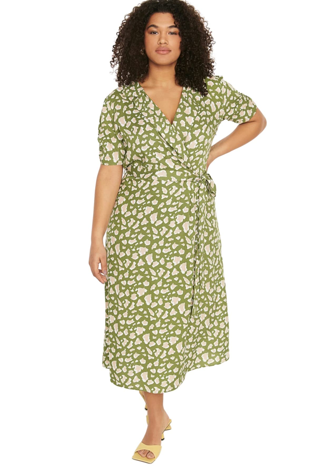 Trendyol Women Plus Size Midi Wrapover Regular Woven Plus Size Dress Multicolor