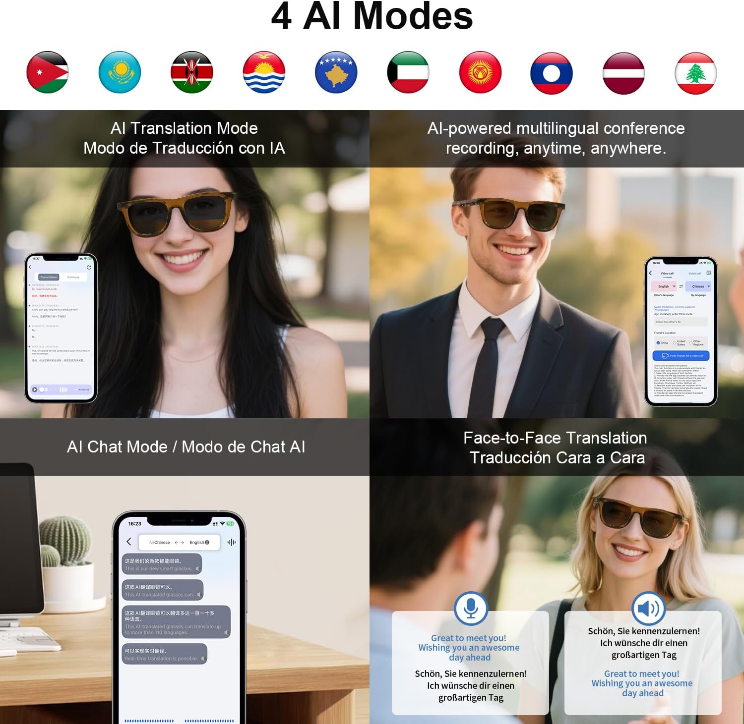 AI Smart Glasses with ChatGPT – Real-Time Translation in 165+ Languages, Open-Ear Bluetooth Glasses for Men Women, Outdoor Mode, UV400 Smart Sunglasses with Auto On/Off - Brown