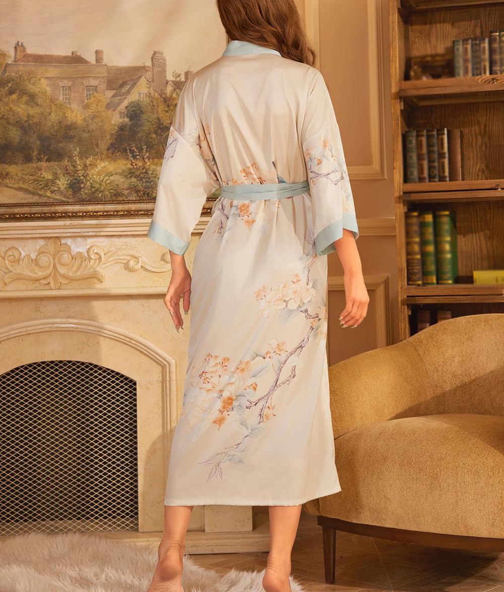 Damen Kimono aus Satin mit Blumenmuster Morgenmantel in Übergröße Seidig Lang Leicht Nachthemd mit V ausschnitt Weiches Loungewear Nachthemd