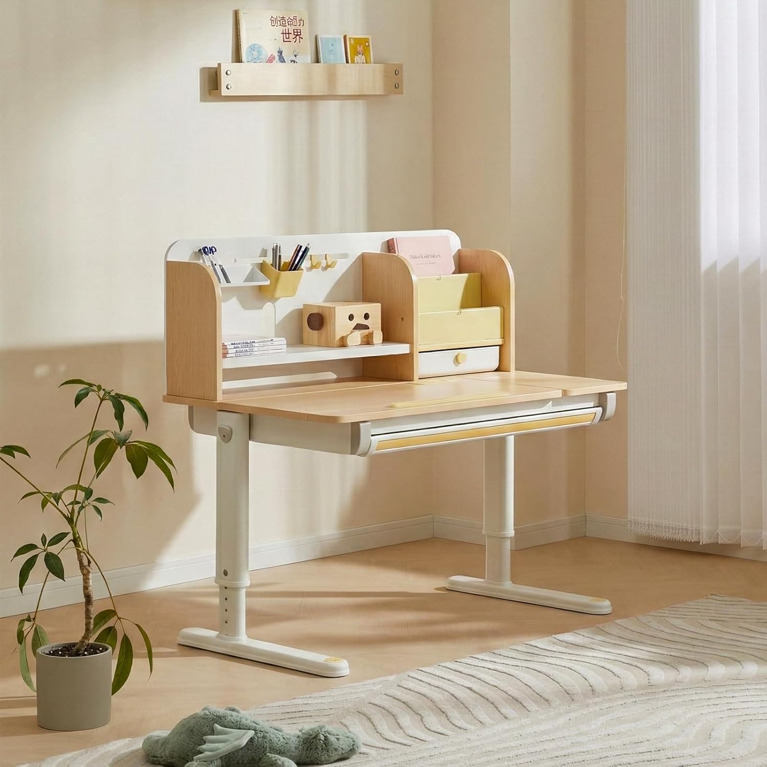 40in Kids Adjustable Desk, Solid Wood Study Table with Bookshelf & Storage, Ergonomic Wrist Rest, 0-50° Tilting Desktop, Height Adjustable 20.5-29.9 in for Kids Writing & Learning