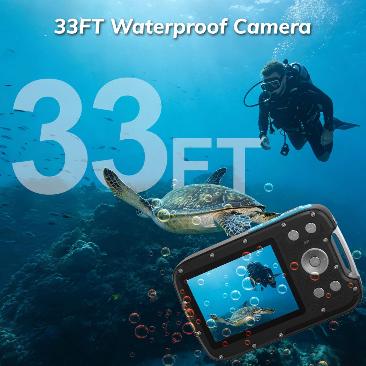 Fotocamera subacquea impermeabile 5K da 9,9 m con autofocus e doppio schermo, perfetta per snorkeling, vlogging, selfie e viaggi, facile da usare, fotocamera compatta per adolescenti, adulti e