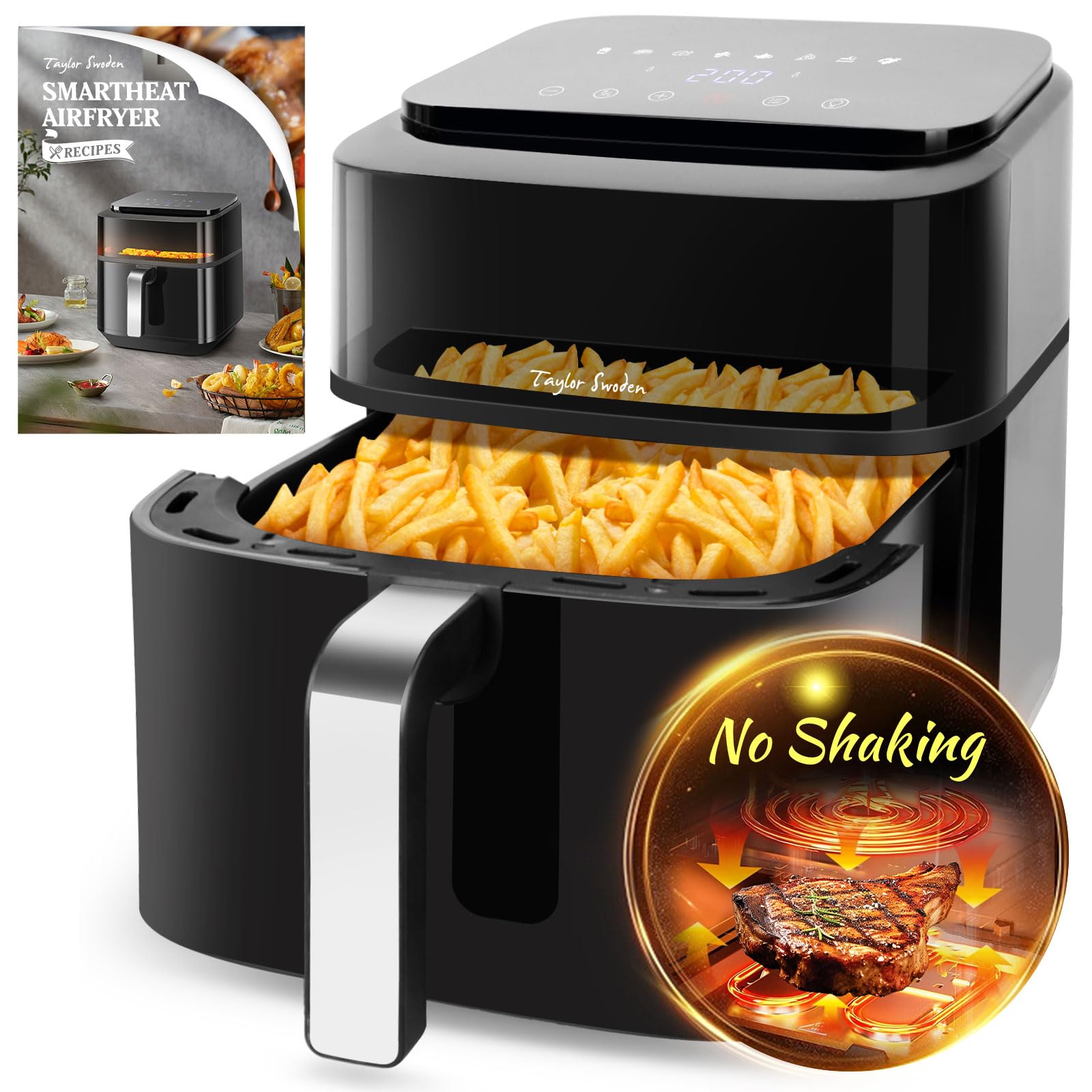 Taylor Swoden Friggitrice Ad Aria 6,5L Xxl Con Doppia Resistenza, 8 Funzioni, Finestra Di Visualizzazione E Griglia Antiaderente - Perfetta Per 3-6 Persone, Nera-image