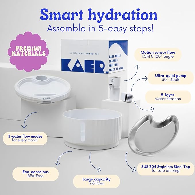 Fuente de Agua para Gatos KAER Inalámbrica, 2.8L, Batería Recargable, Acero Inoxidable miniatura 9