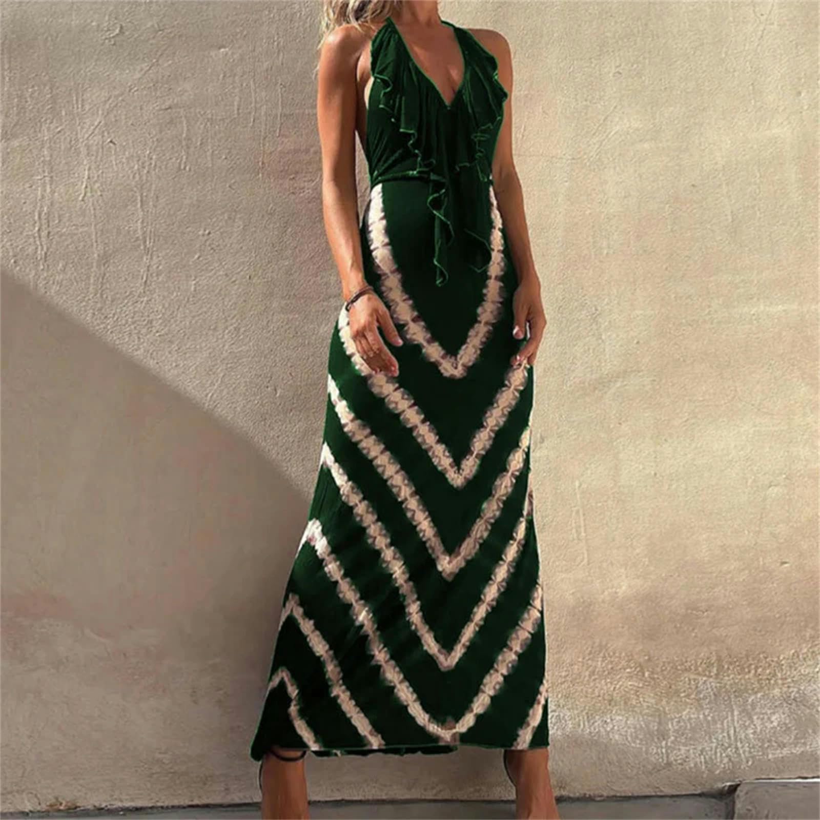Vestito Donna Abito da Festa Lungo con Volant A Pizzo Halter Estivo Magro V-Cotto Profondo V -01 Nero-m