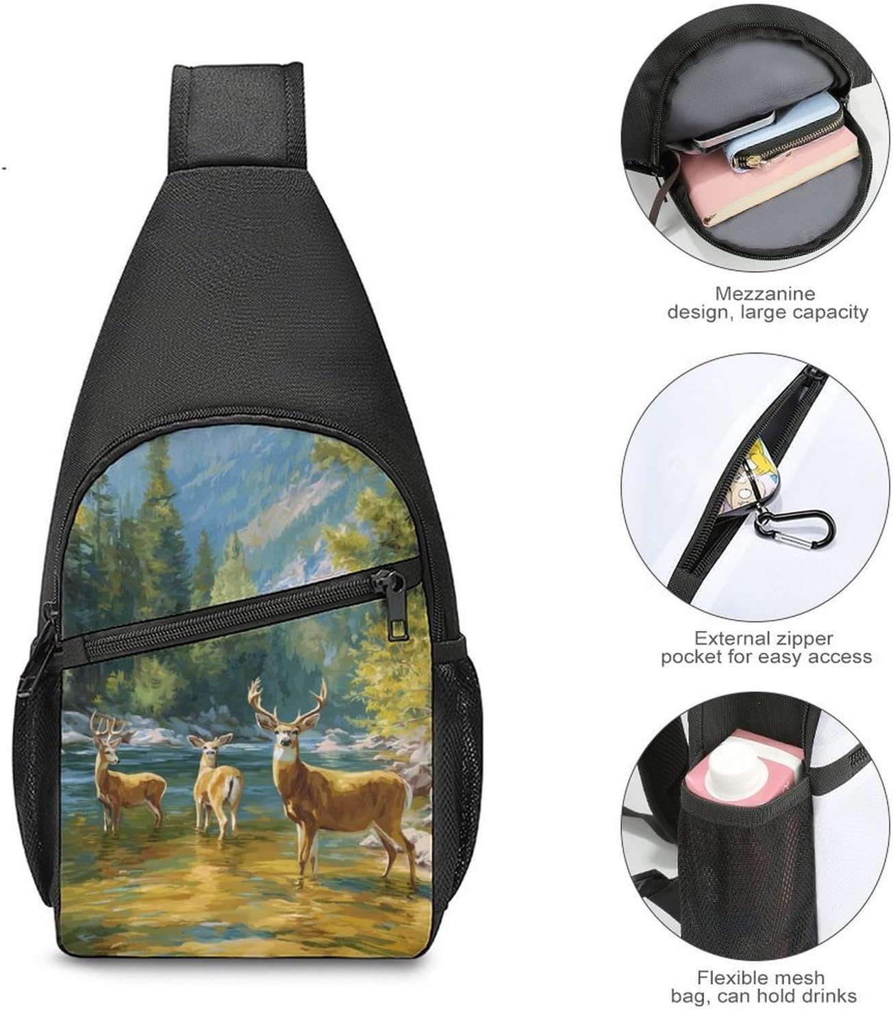 Deer River Mountain Spring Forests Crossbody Sling Backpack Chest Bag Daypack