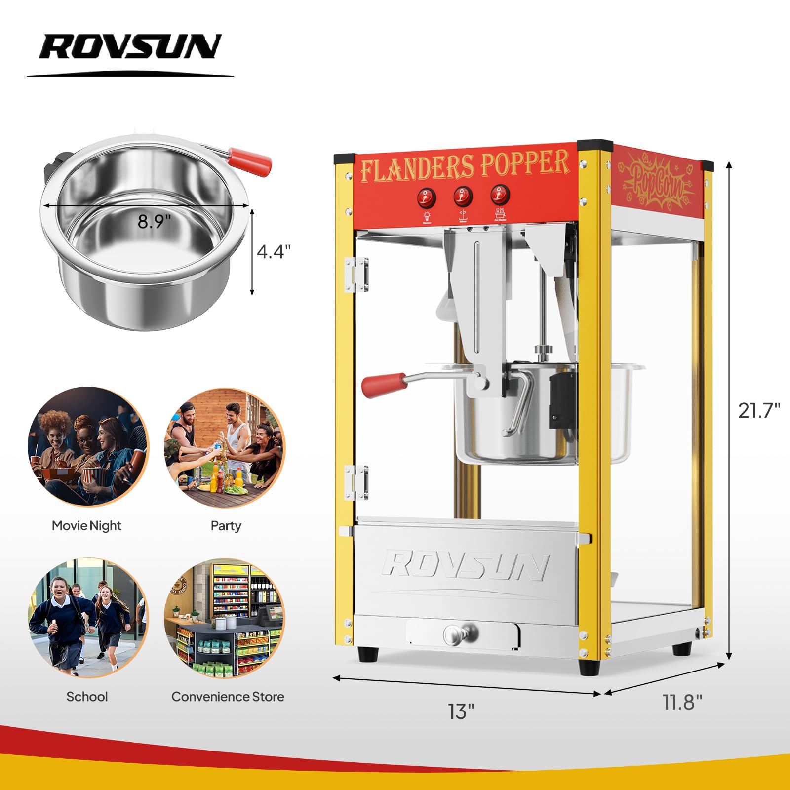 ROVSUN Machine A Pop Corn 800W 10OZ Acier Inox Sans Brûlure Rouge Fête