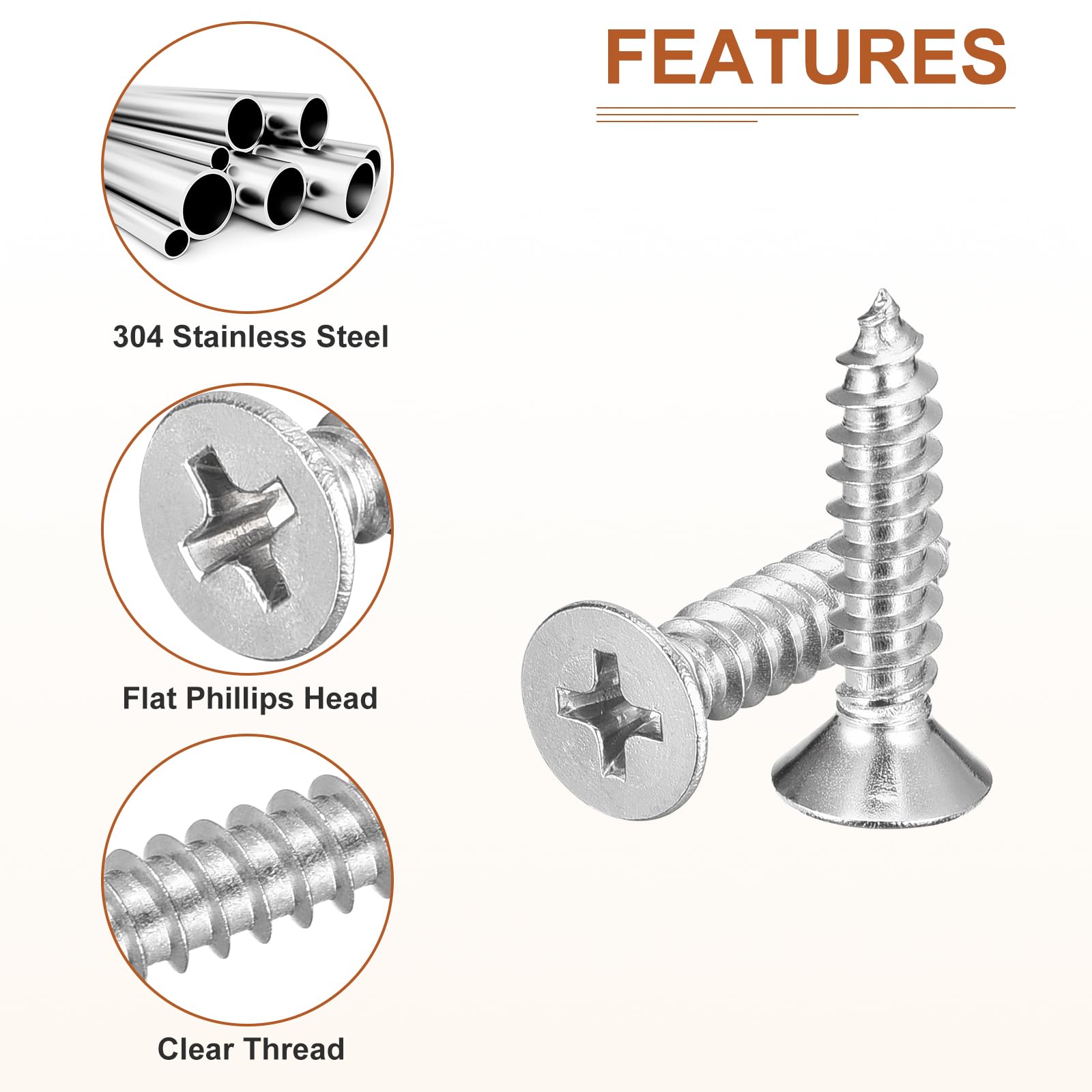 DTGN 25Pcs #10x7/8" Flat Head Wood Screws, 304 Stainless Steel Phillips Self Tapping Screws - Good for Woodworking Furniture - Silver - Image 4