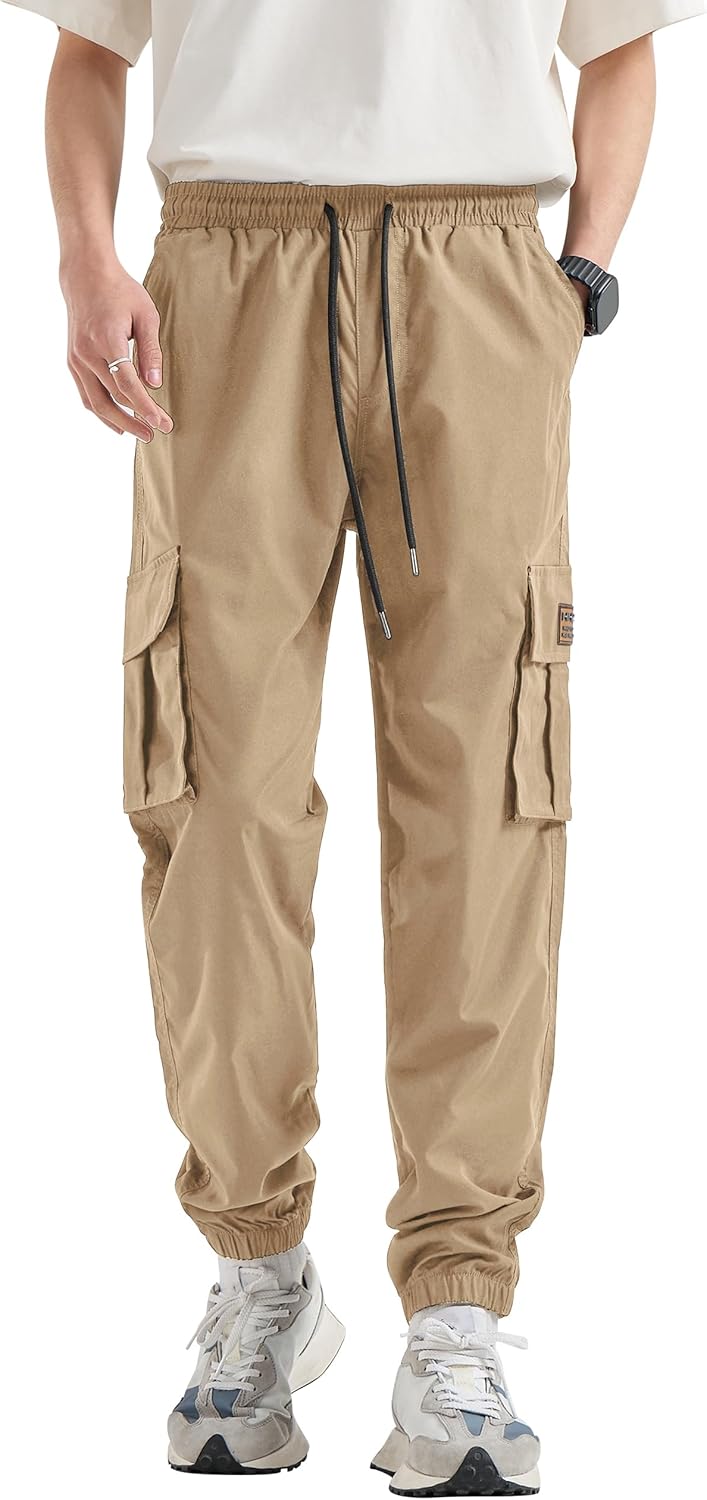 HHZ Men's Relaxed Fit Cargo Pants Drawstring Stretchy Elastic Waist Work Casual Pants with Zipper Pockets