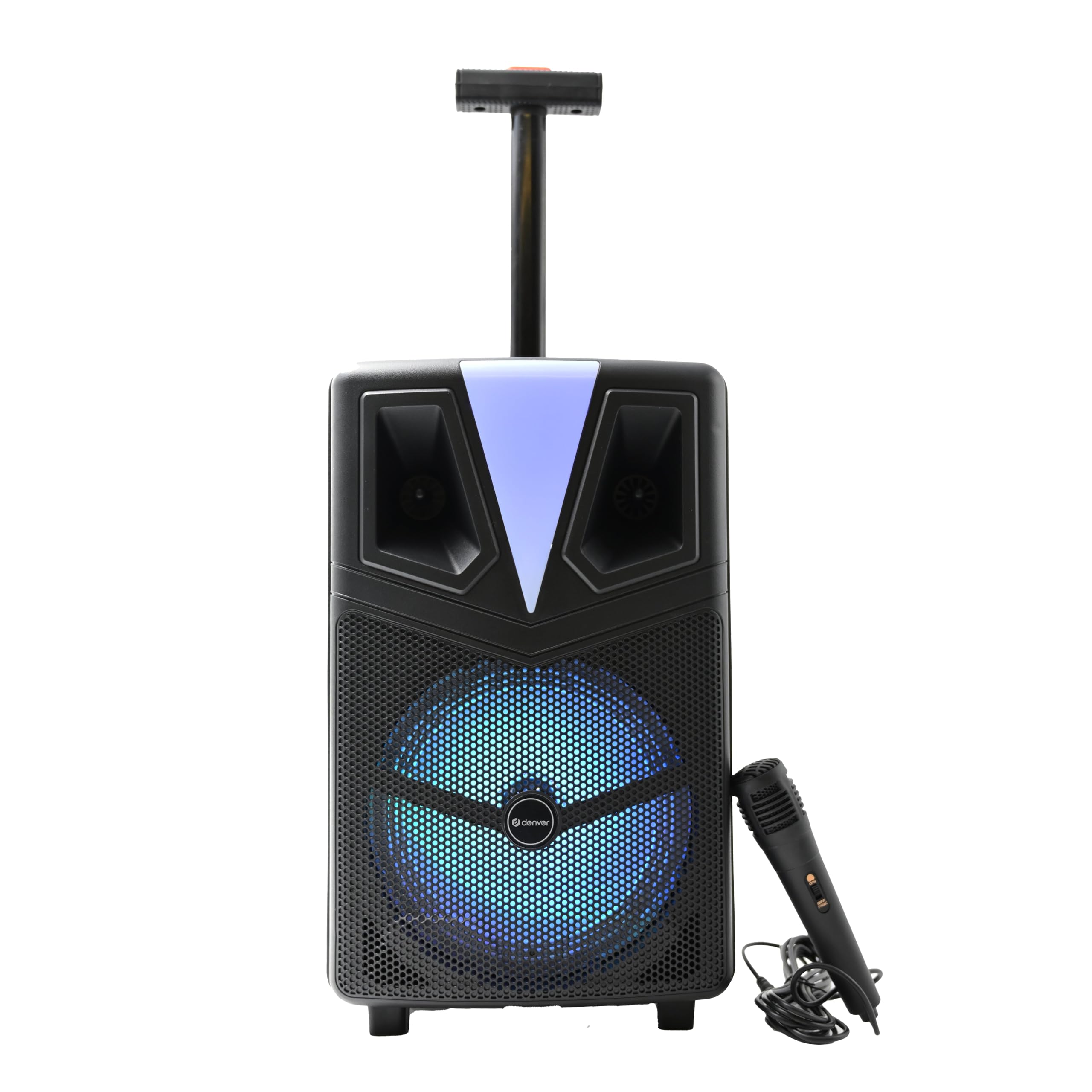 Denver TSP-307 - Bluetooth Party Lautsprecher mit Mikrofon und Akku - 120W Karaoke Box mit RGB LED Licht, 8 Zoll Woofer, Trolley Speaker mit Rollen, USB MicroSD AUX Eingang (25 x 41 x 21 cm) | 120W Karaoke Box, RGB LED Licht, 8 Zoll Woofer, Trolley mit Ro