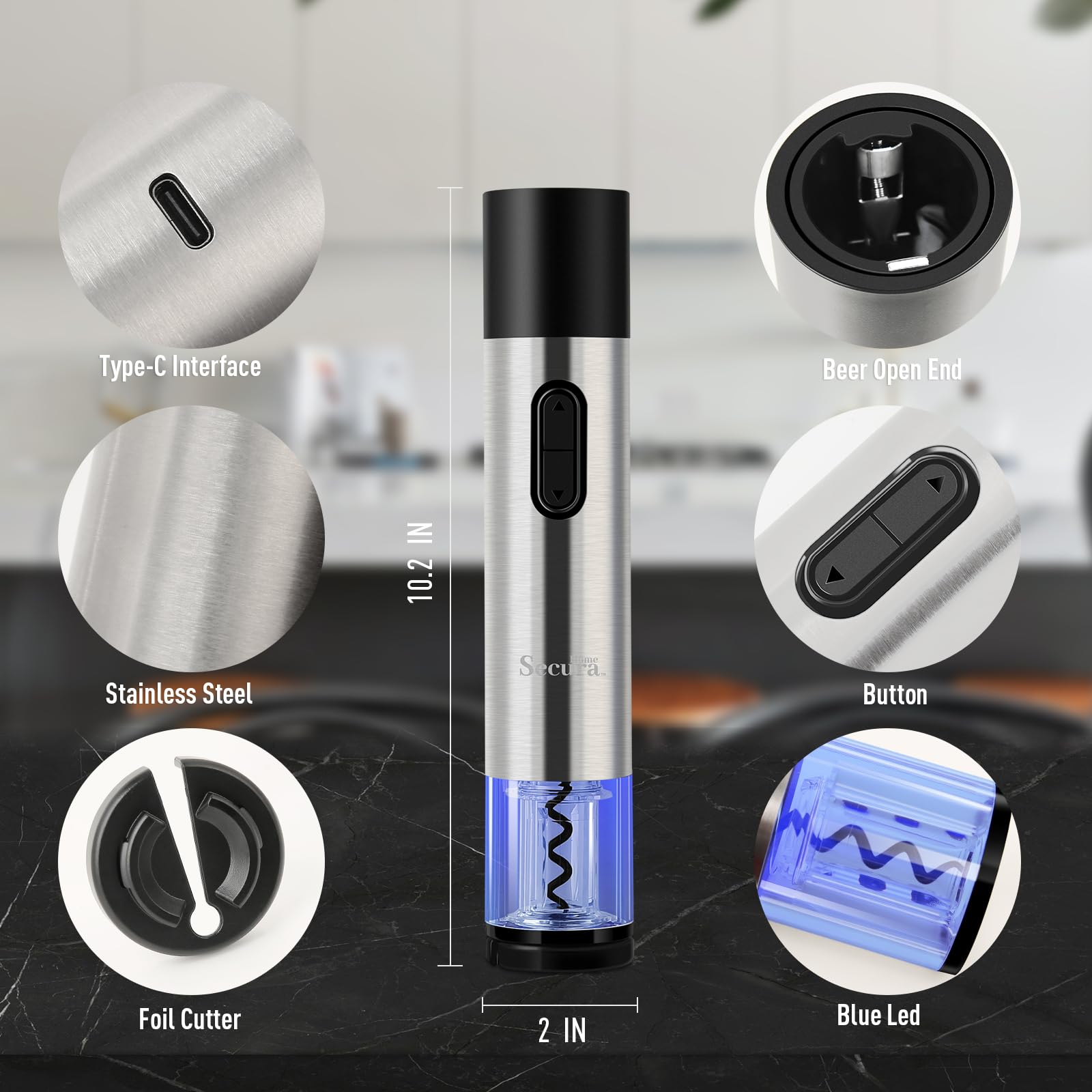 Secura Home Abridor eléctrico de botellas de vino y abridor de cerveza 2 en 1, sacacorchos automático recargable con cortador de aluminio, abridor de vino eléctrico con un solo clic para el hogar